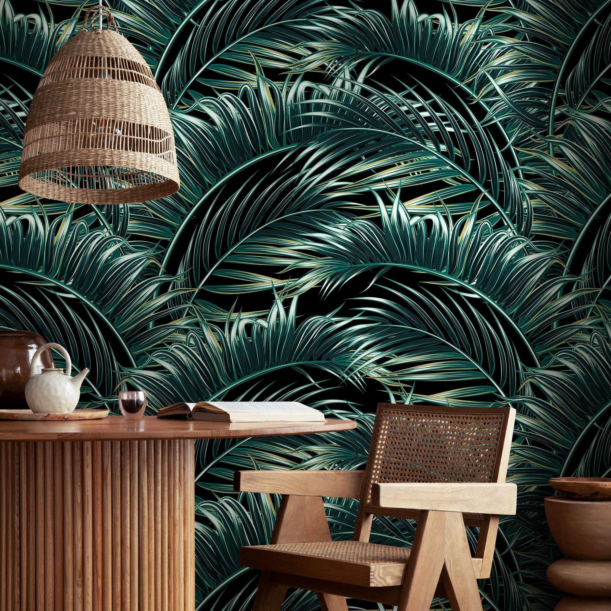 Tropical Wallpaper Featuring Lush Palm Fronds In Green, White, And Black - B123