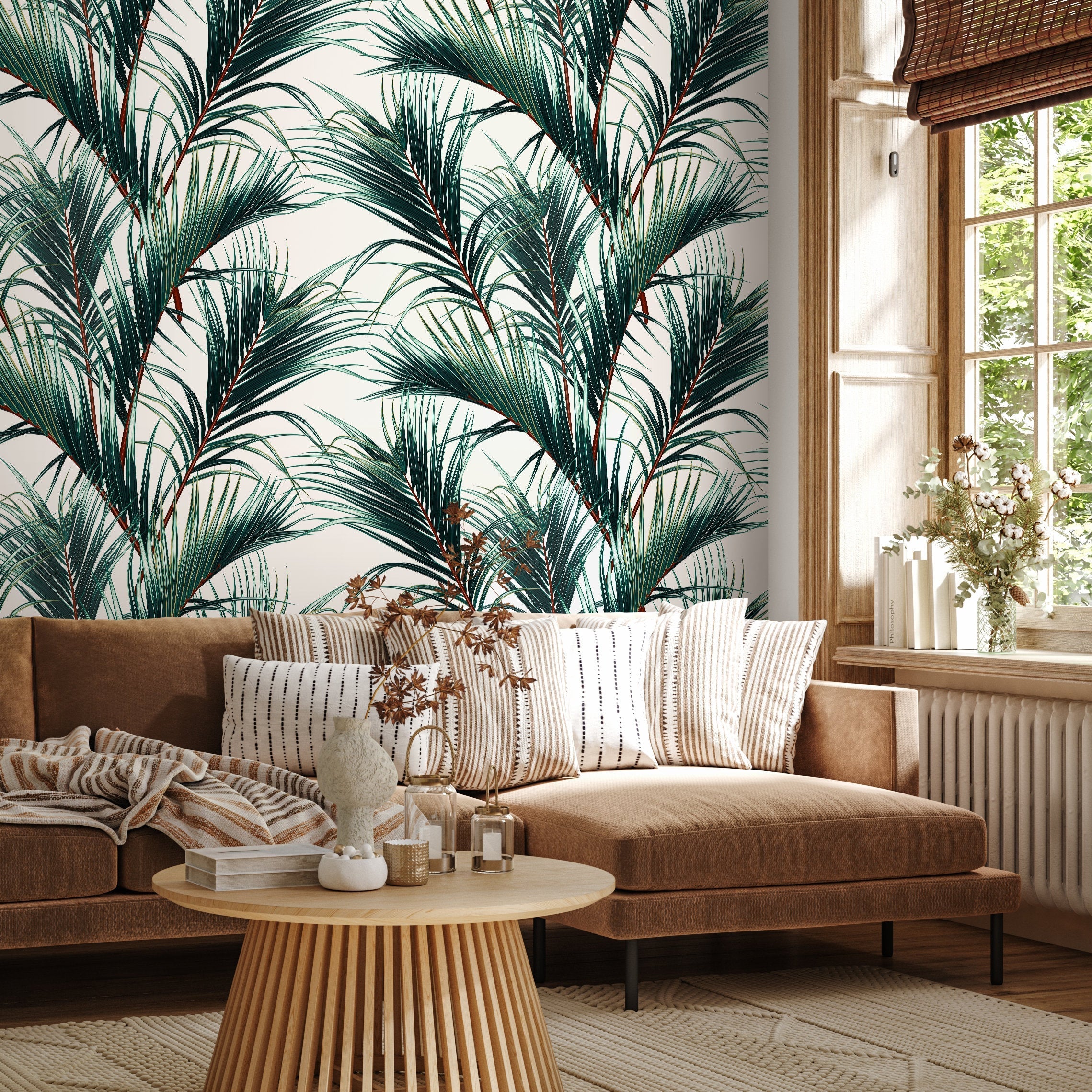 Tropical Wallpaper Featuring Lush Palm Fronds In Green And Brown - B124