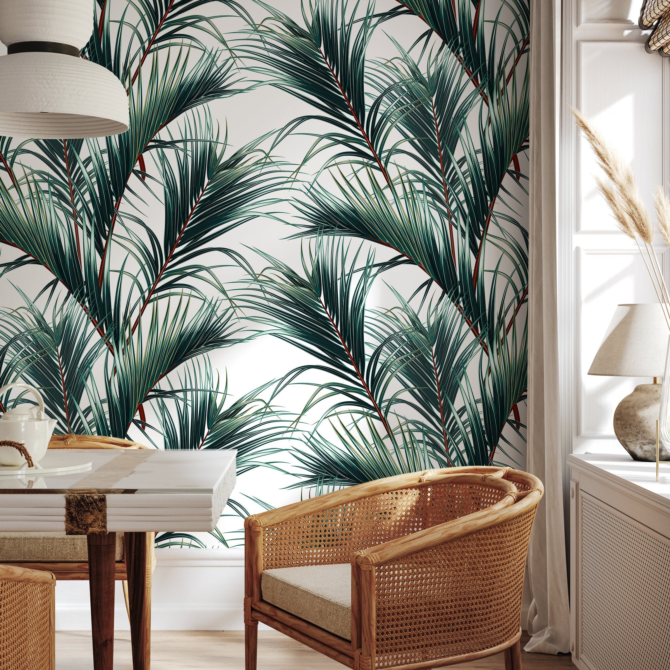 Tropical Wallpaper Featuring Lush Palm Fronds In Green And Brown - B124