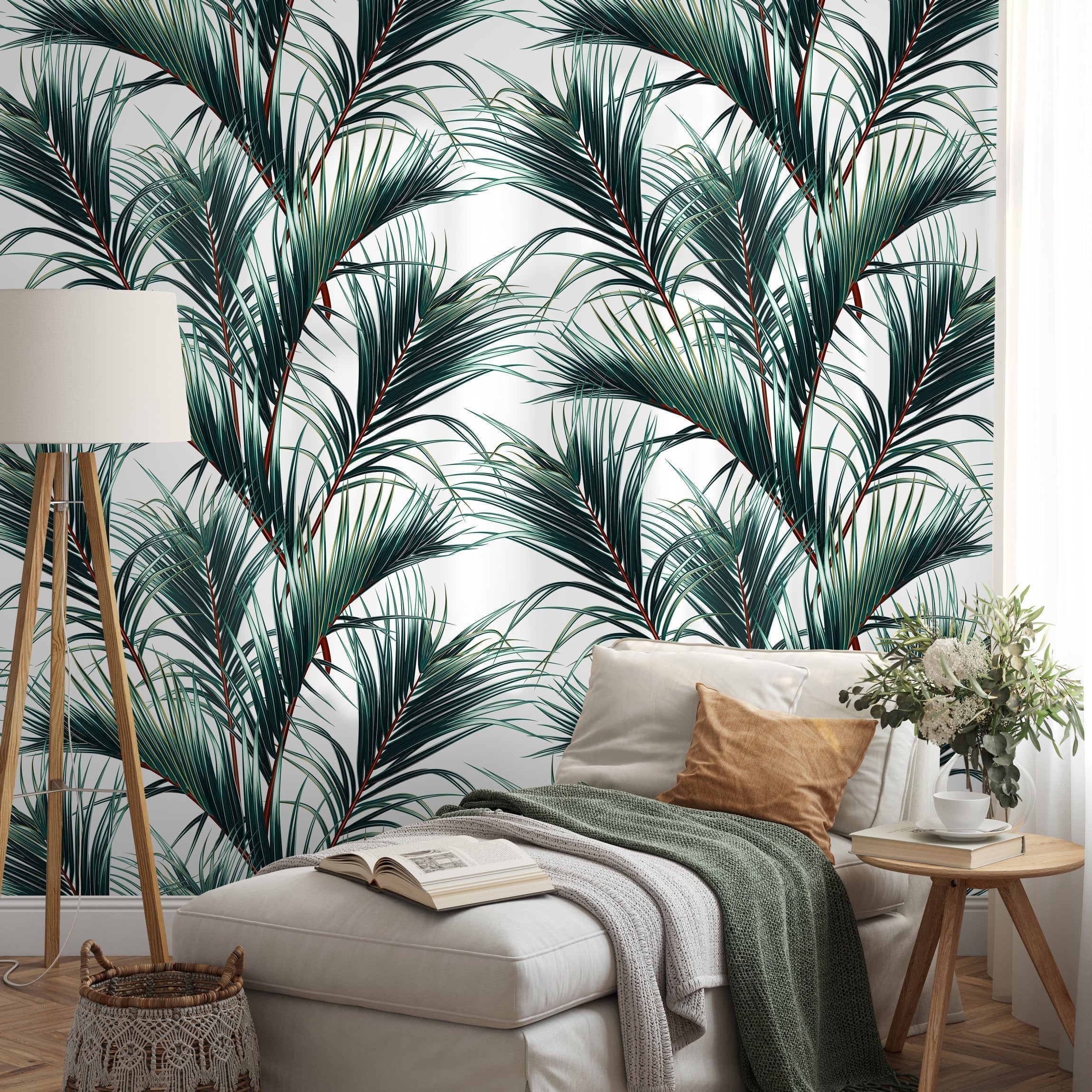 Tropical Wallpaper Featuring Lush Palm Fronds In Green And Brown - B124