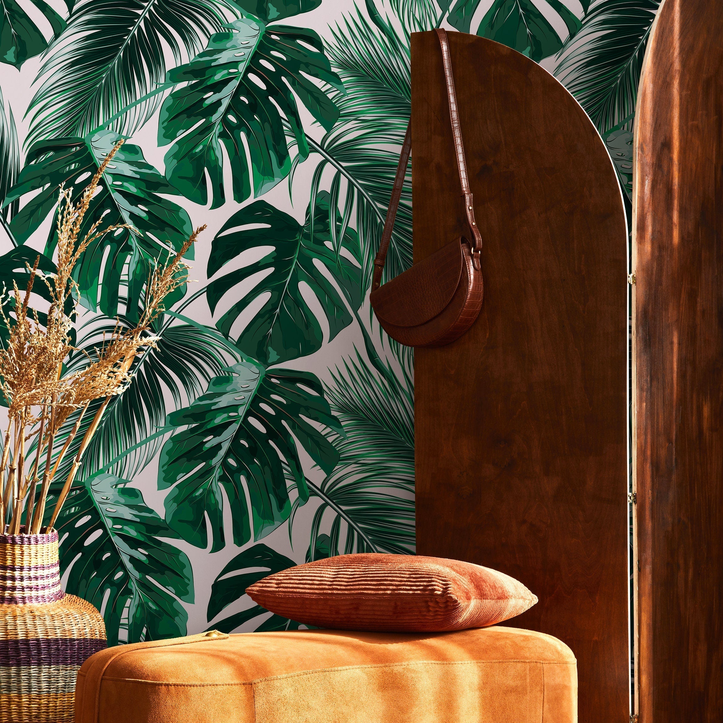 Tropical Wallpaper Featuring Monstera And Palm Leaves In Green - B125