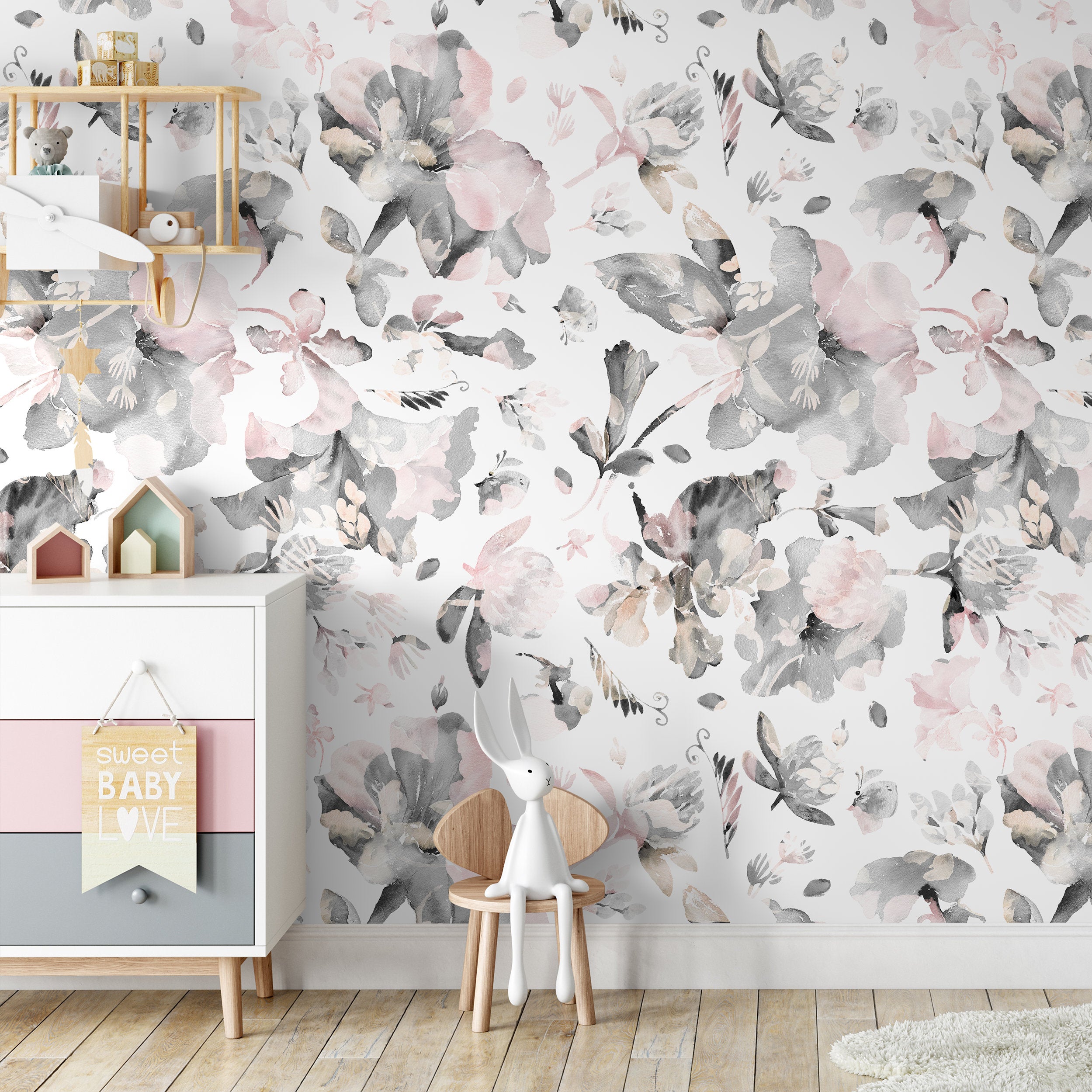 Floral Wallpaper With Abstract Watercolor Flowers In Pink And Gray - B135