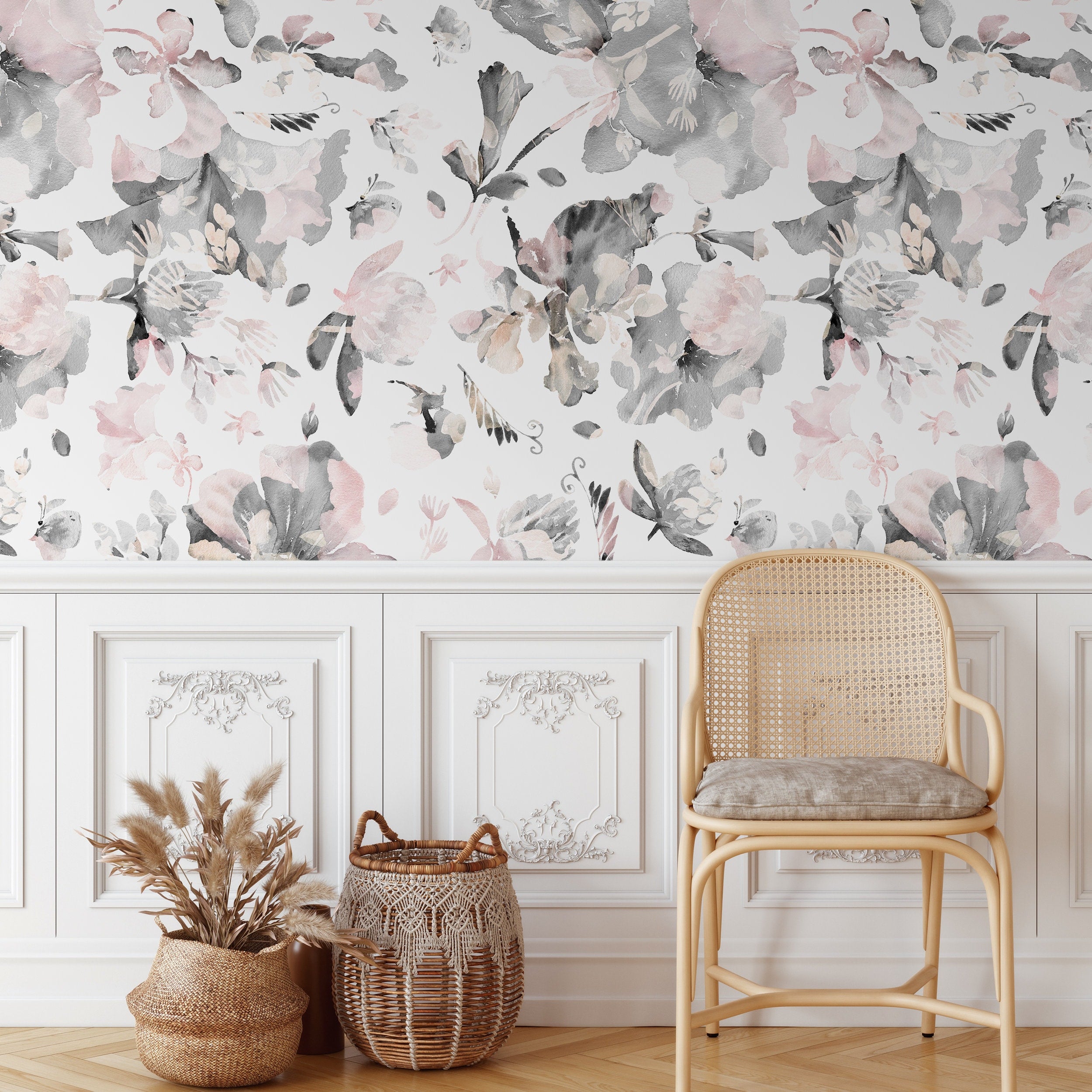 Floral Wallpaper With Abstract Watercolor Flowers In Pink And Gray - B135
