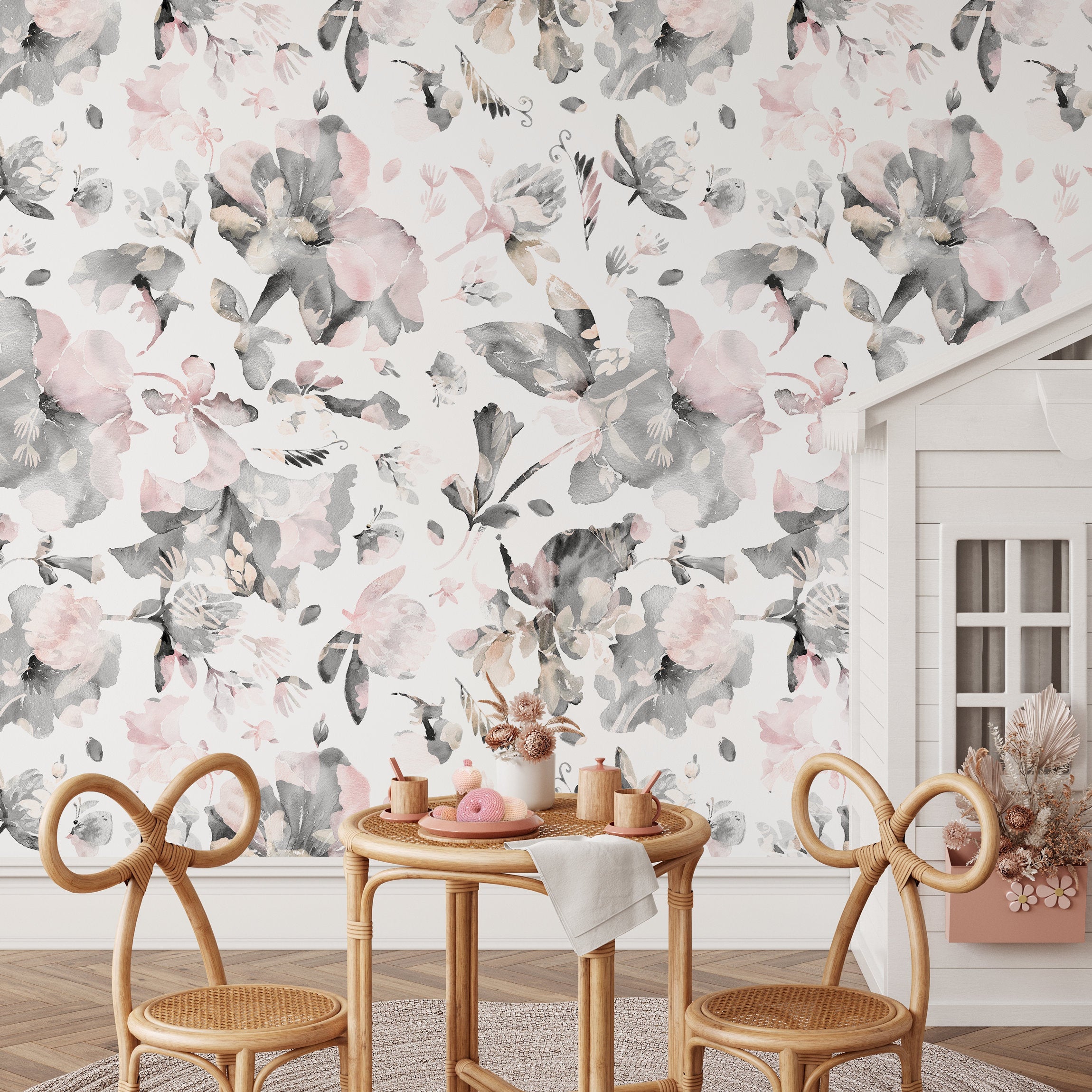 Floral Wallpaper With Abstract Watercolor Flowers In Pink And Gray - B135