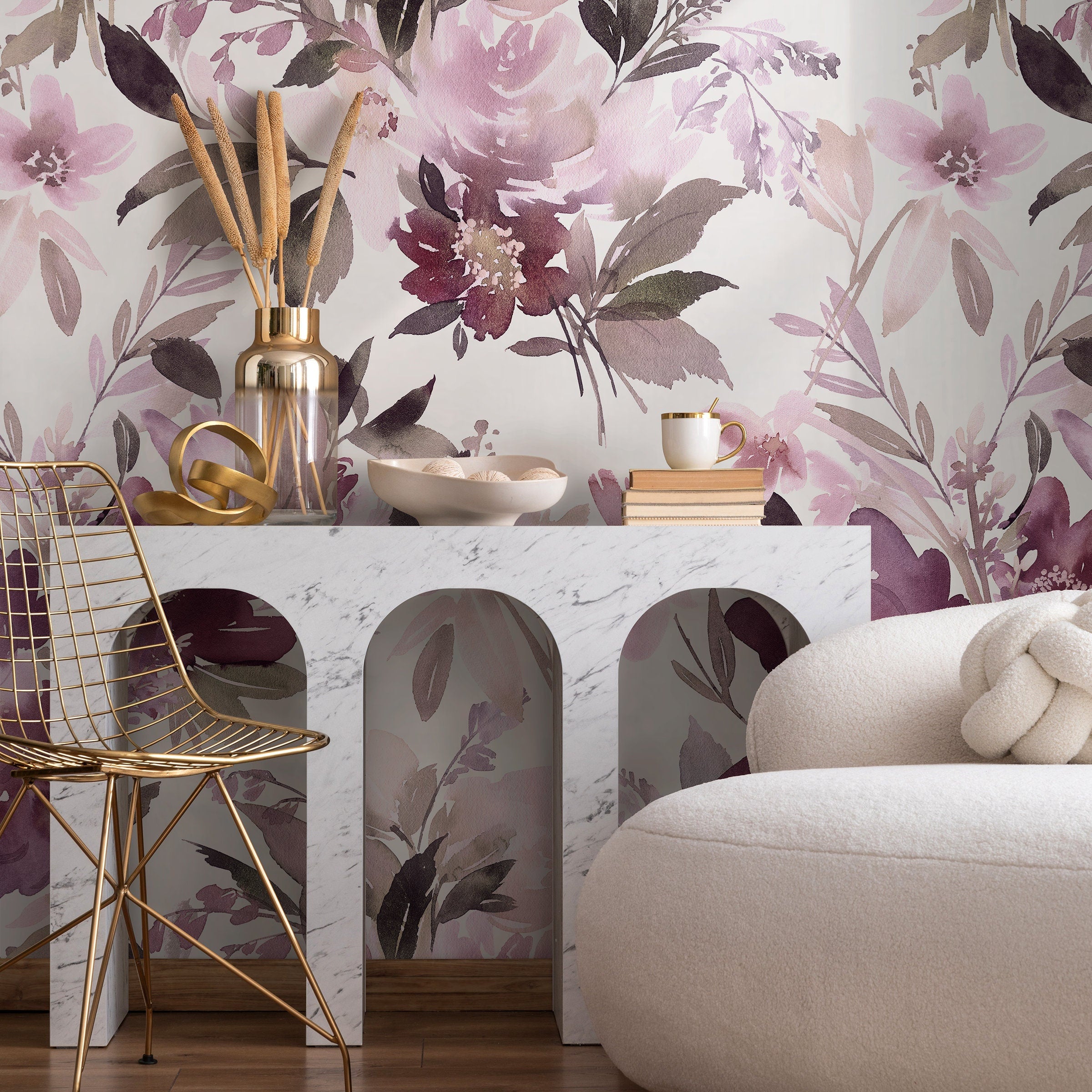 Watercolor Wallpaper With Abstract Blooms In Mauve, Purple, And Brown - B137