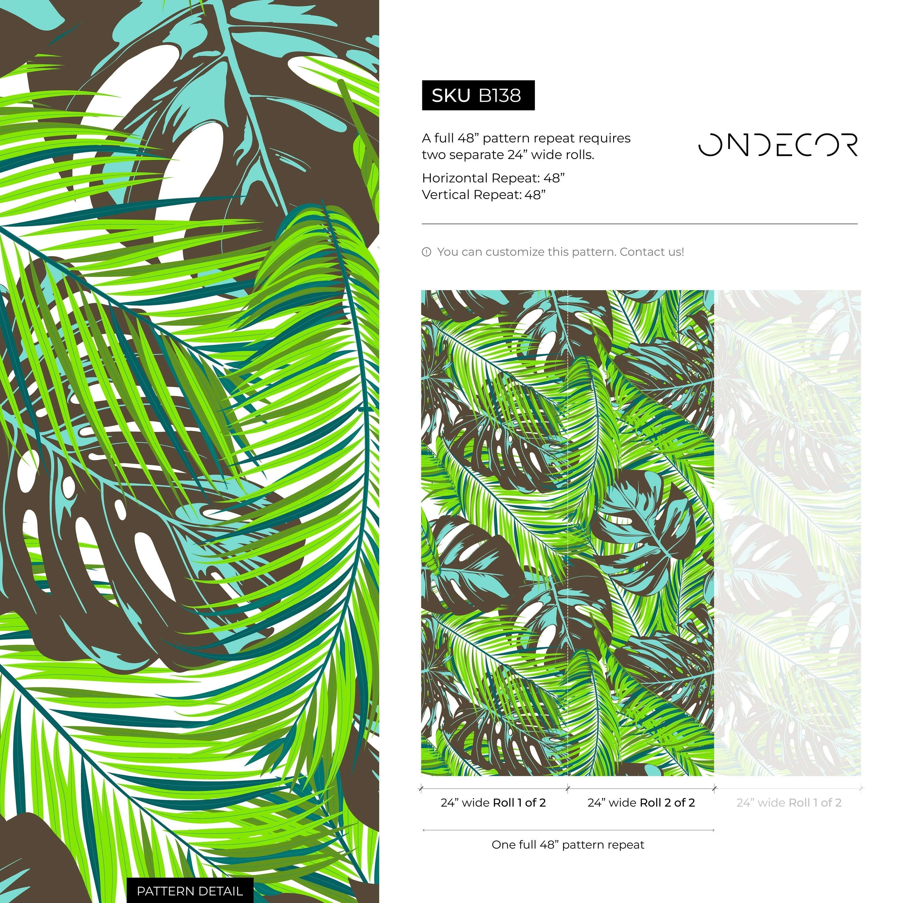 Tropical Wallpaper With Monstera And Palm Leaves In Green, Teal, And Brown - B138