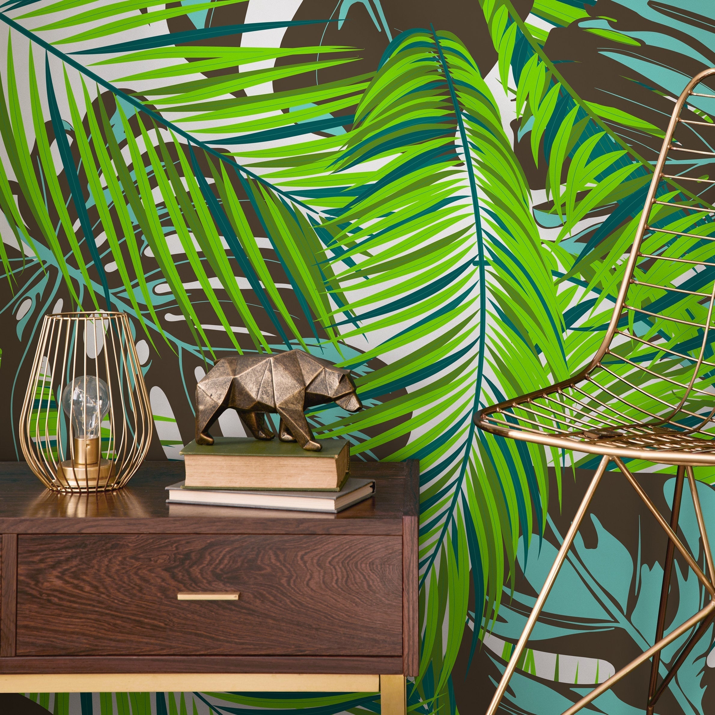 Tropical Wallpaper With Monstera And Palm Leaves In Green, Teal, And Brown - B138