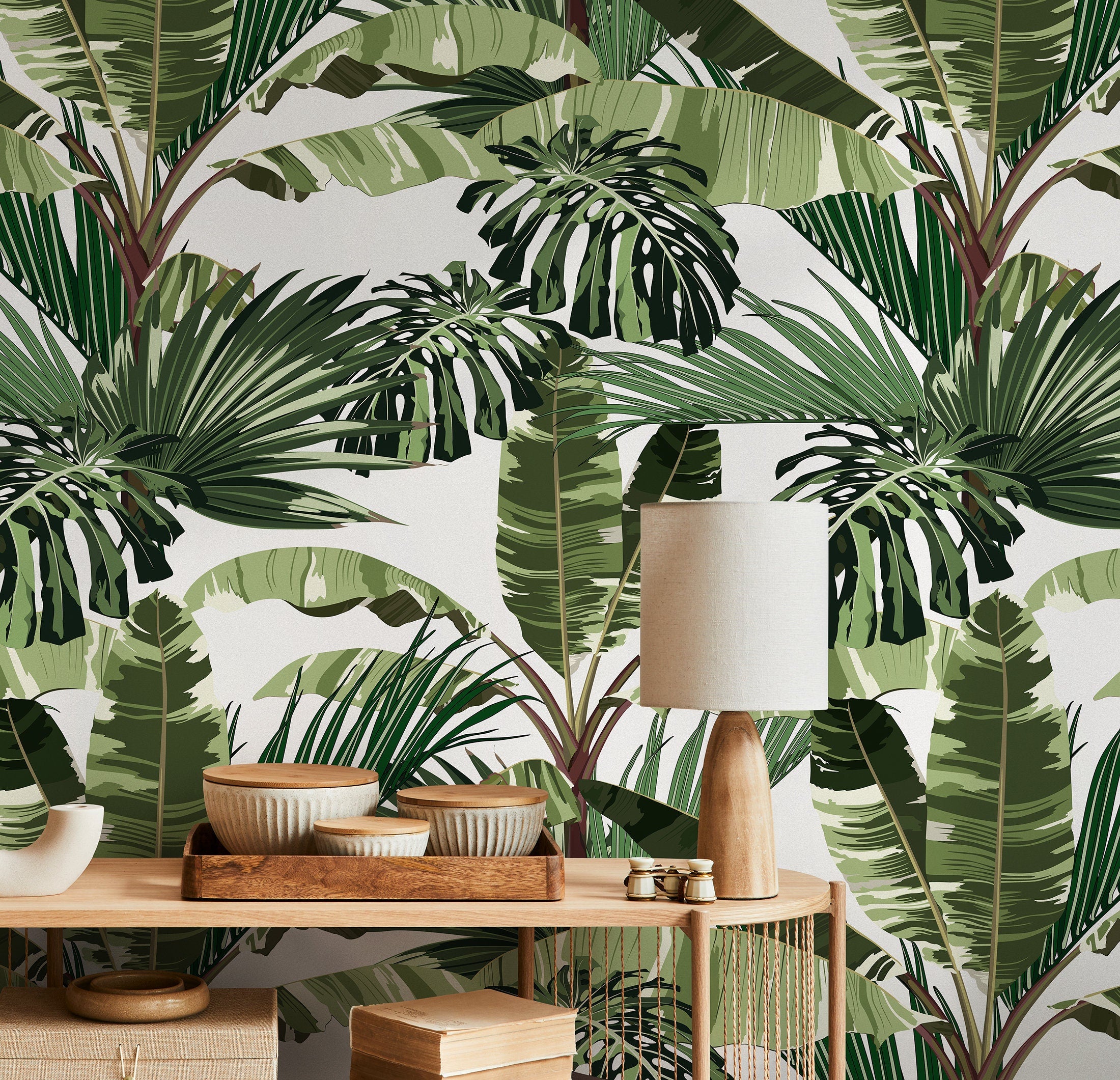 Tropical Wallpaper With Large Jungle Leaves In Green And Brown - B151