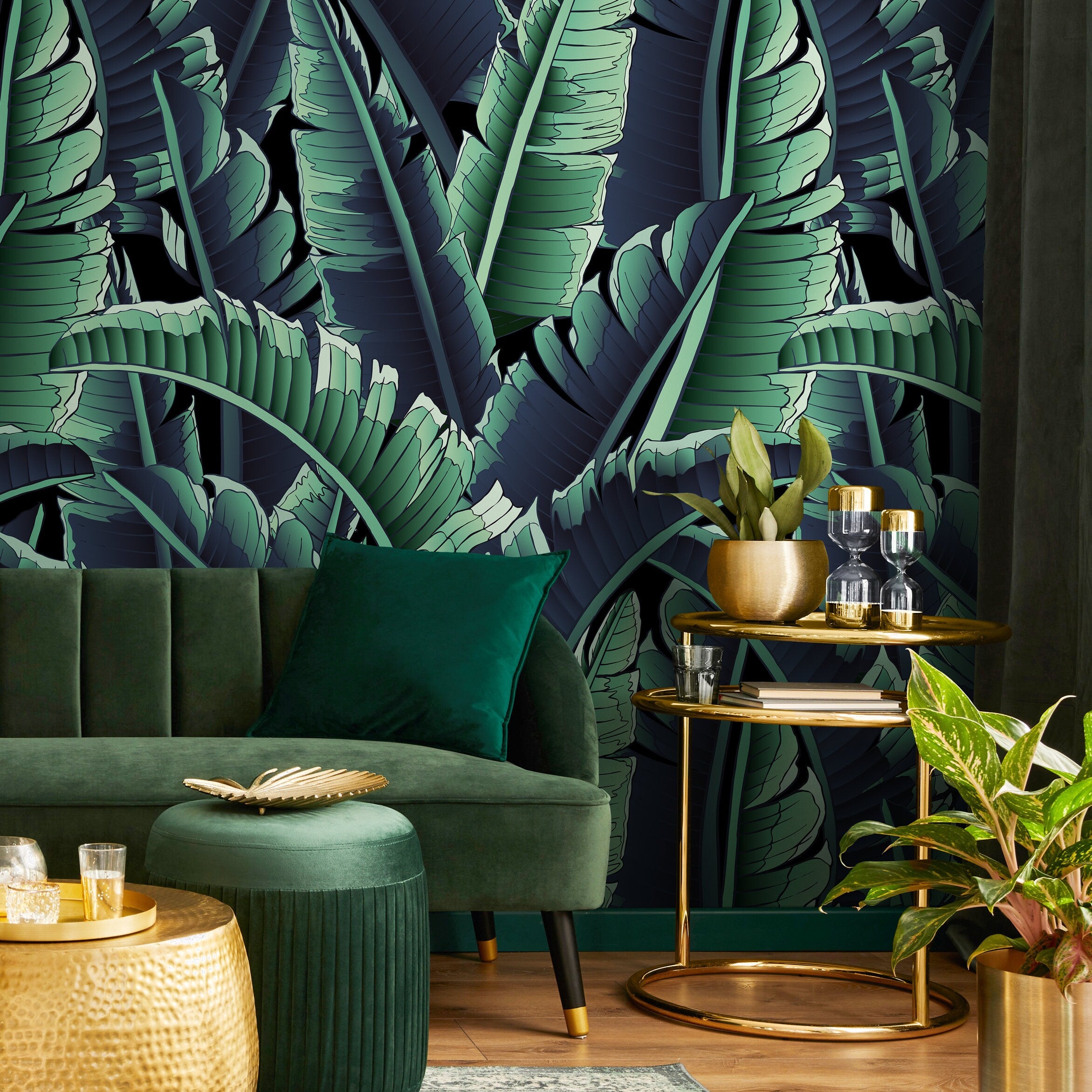 Tropical Wallpaper With Layered Banana Leaves In Green, Blue, And Black - B168
