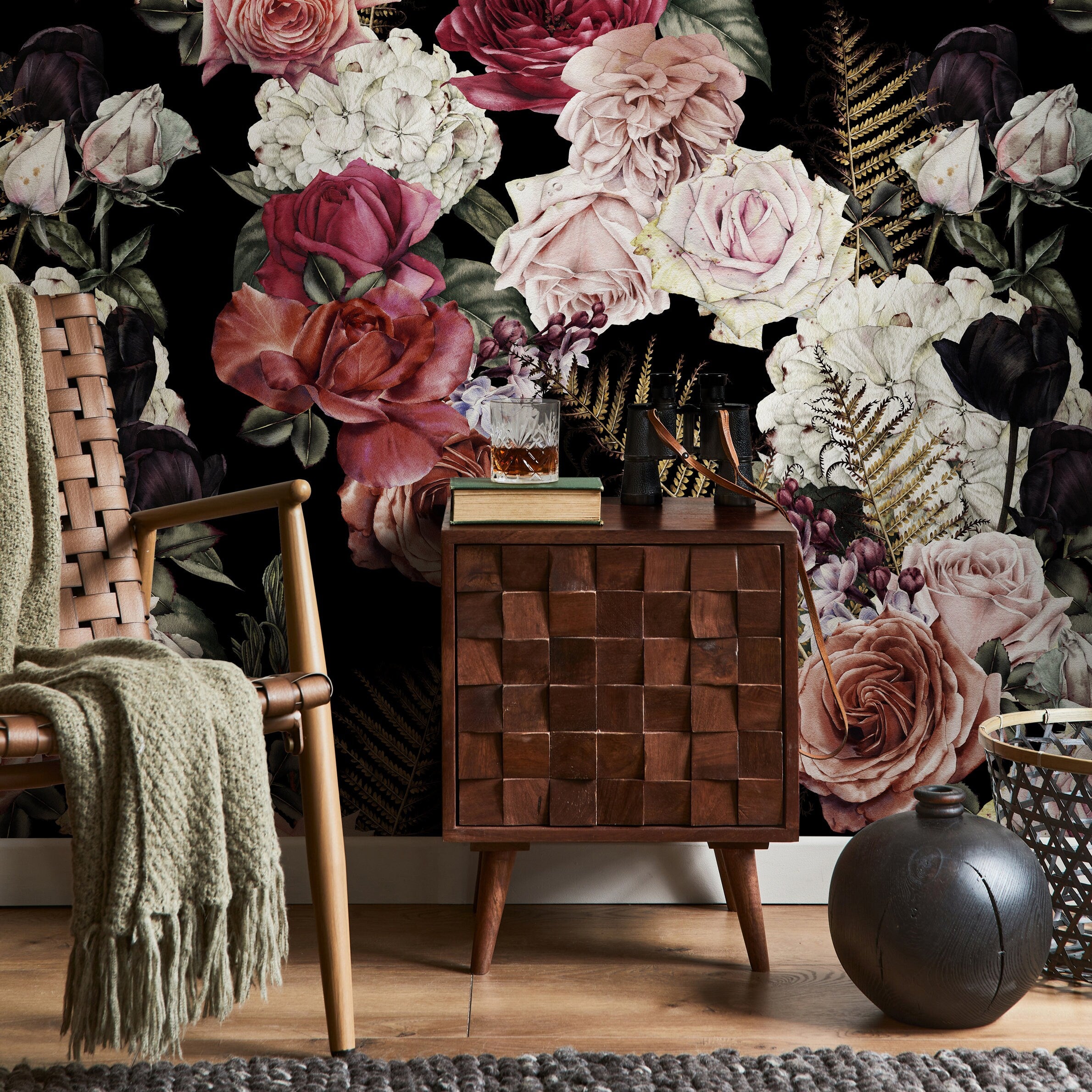 Dark Floral Wallpaper With A Moody Rose Motif In Pink And Red - B169
