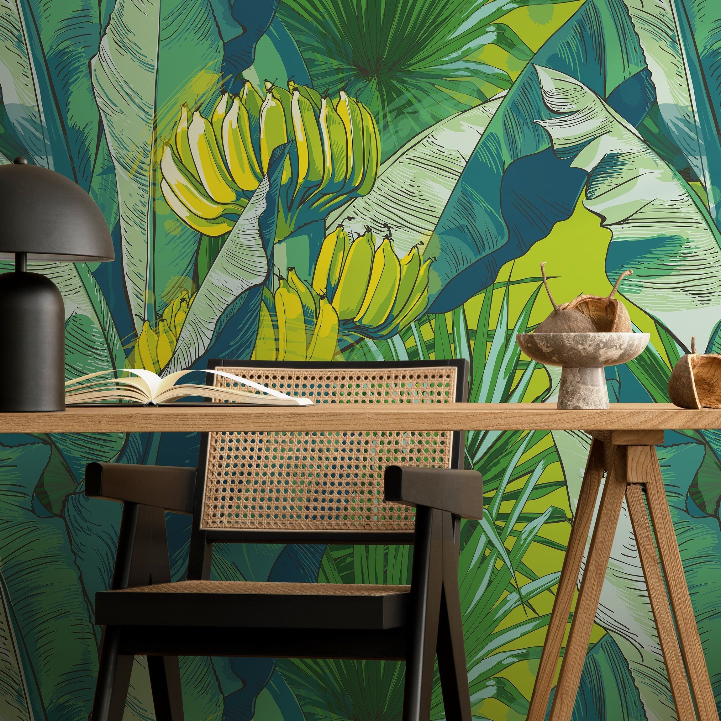 Tropical Wallpaper With Sketched Banana Leaves In Green And Yellow - B171
