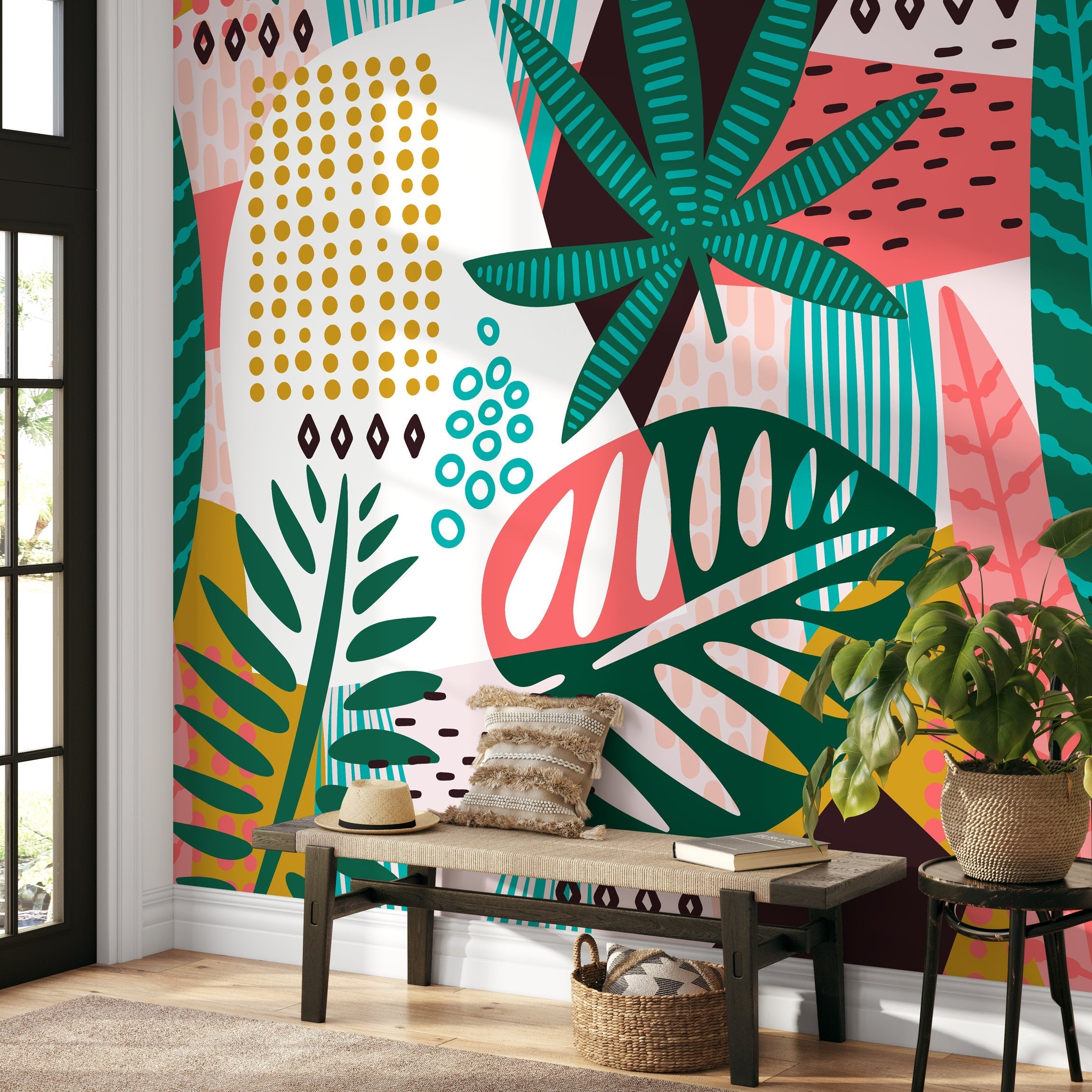 Tropical Abstract Wallpaper With Stylized Leaves In Green, Pink, And Yellow - B173