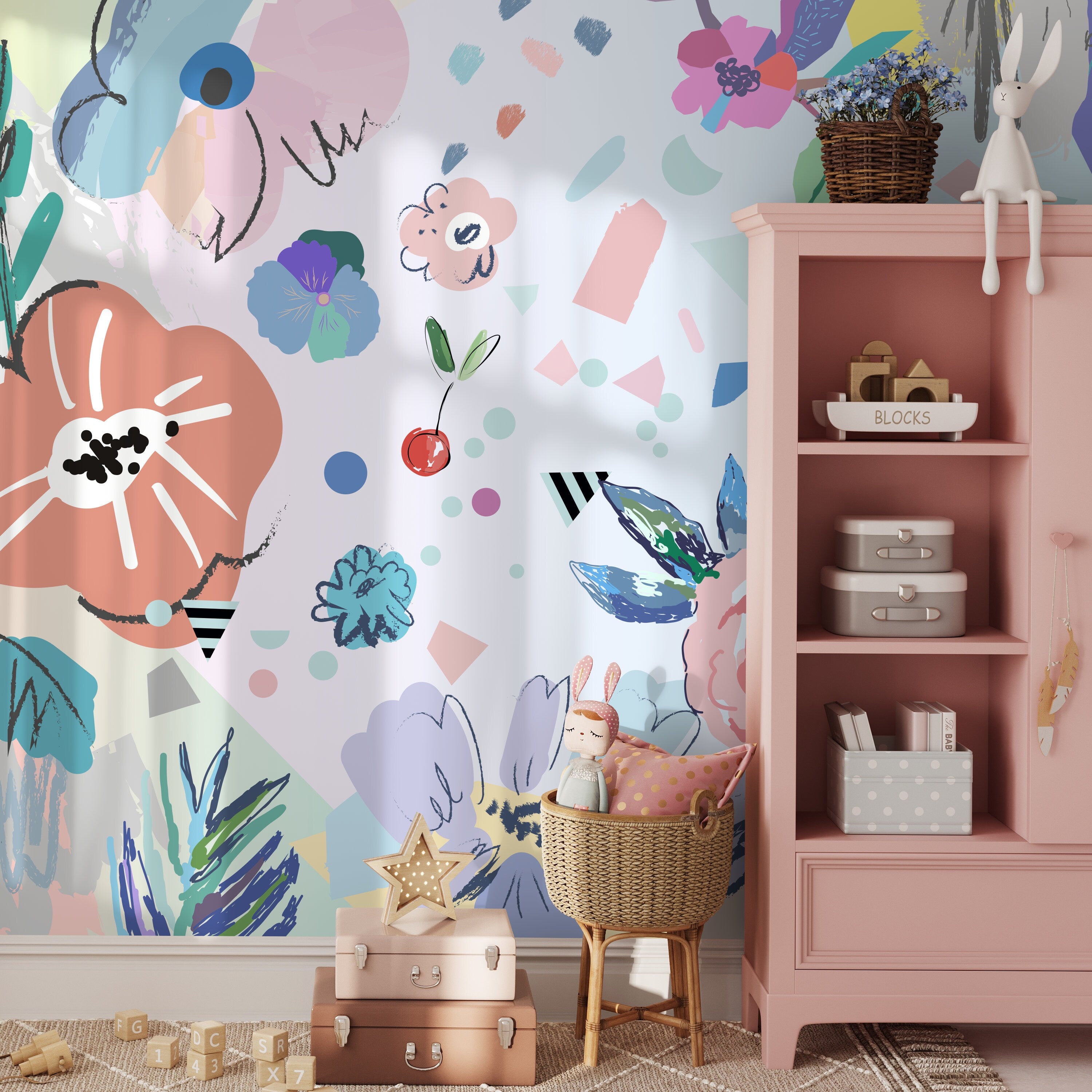 Abstract Wallpaper With A Collage Of Flowers And Shapes In Pink, Blue, And Purple - B176