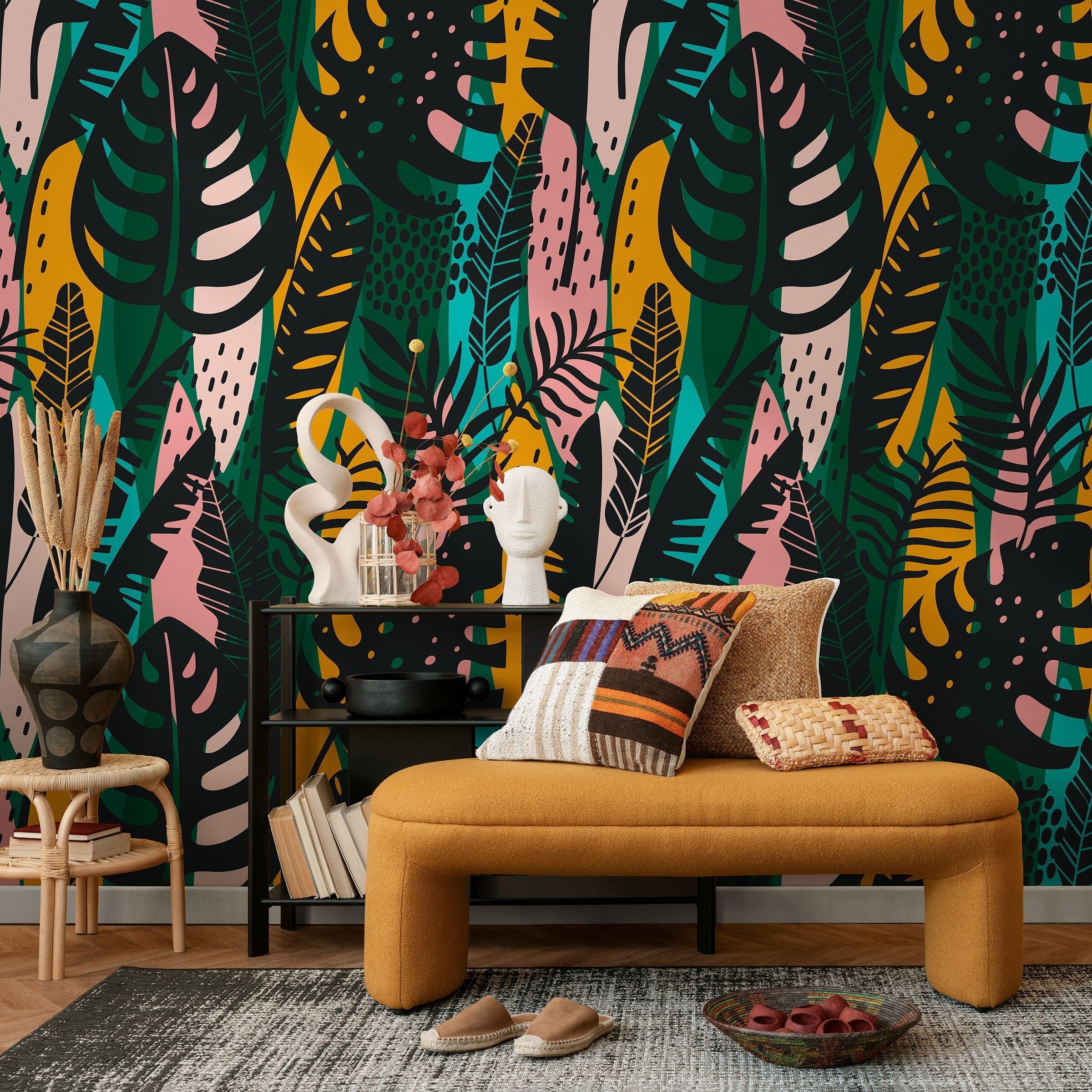 Botanical Wallpaper With An Abstract Jungle Leaf Motif In Black, Green, And Yellow - B177