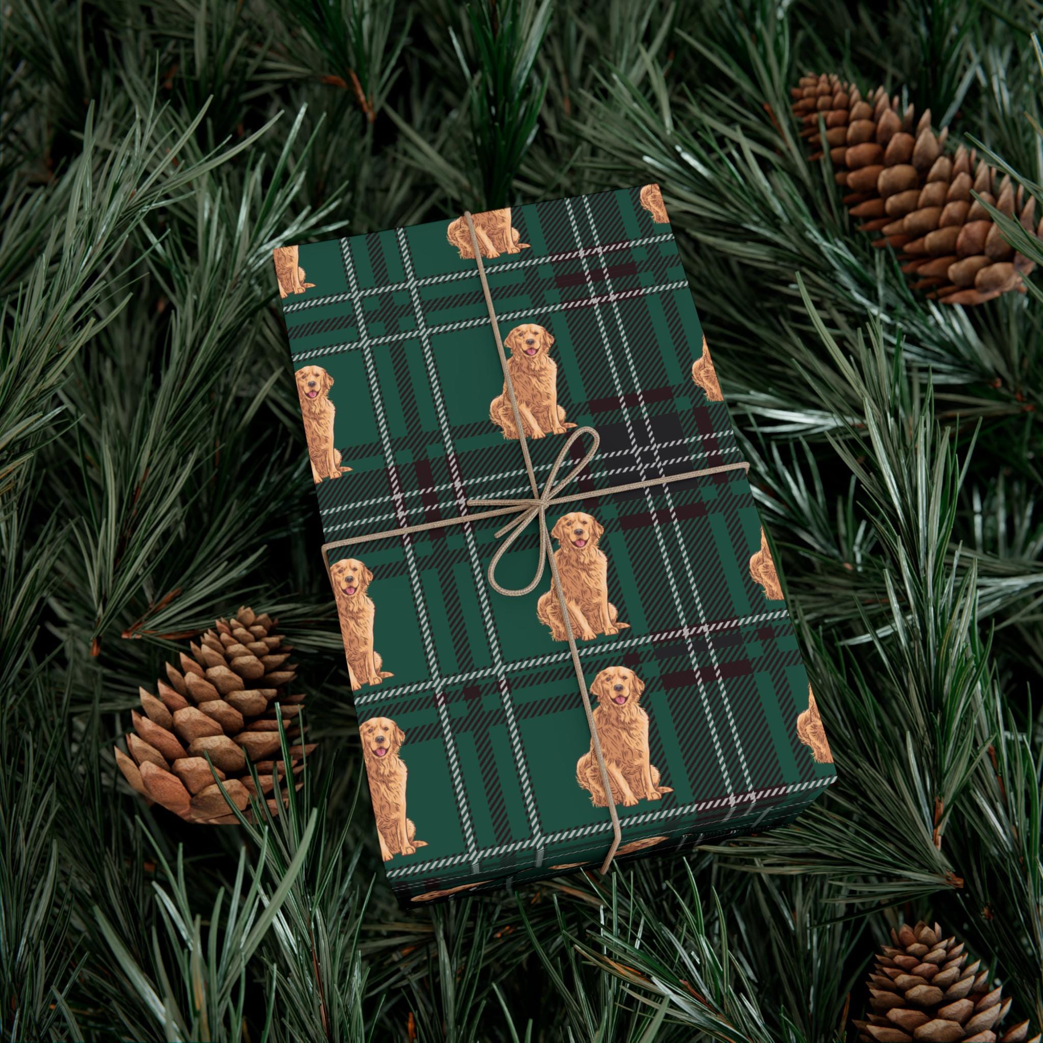Golden Retriever Green Plaid Wrapping Paper