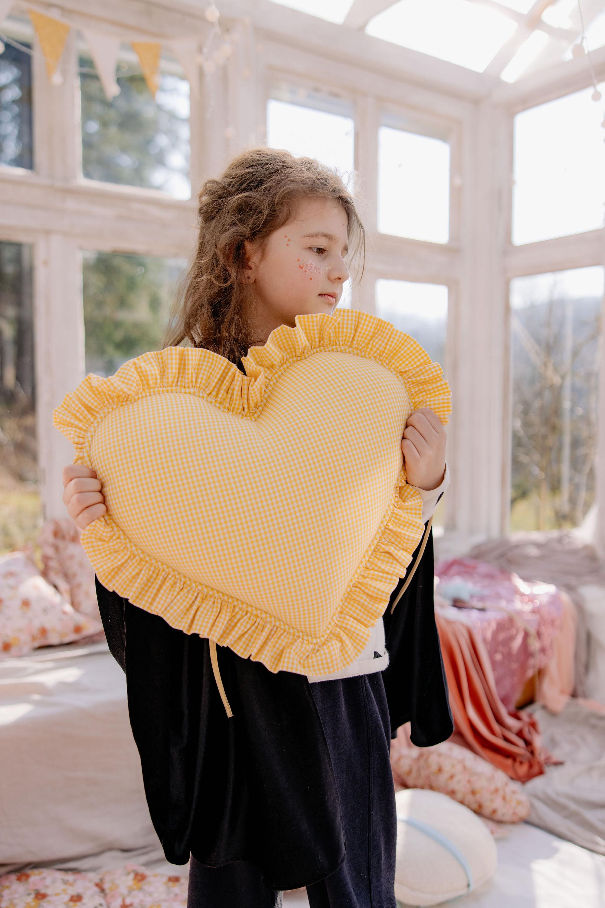 "butter Yellow" Heart Pillow With Checkered Frill