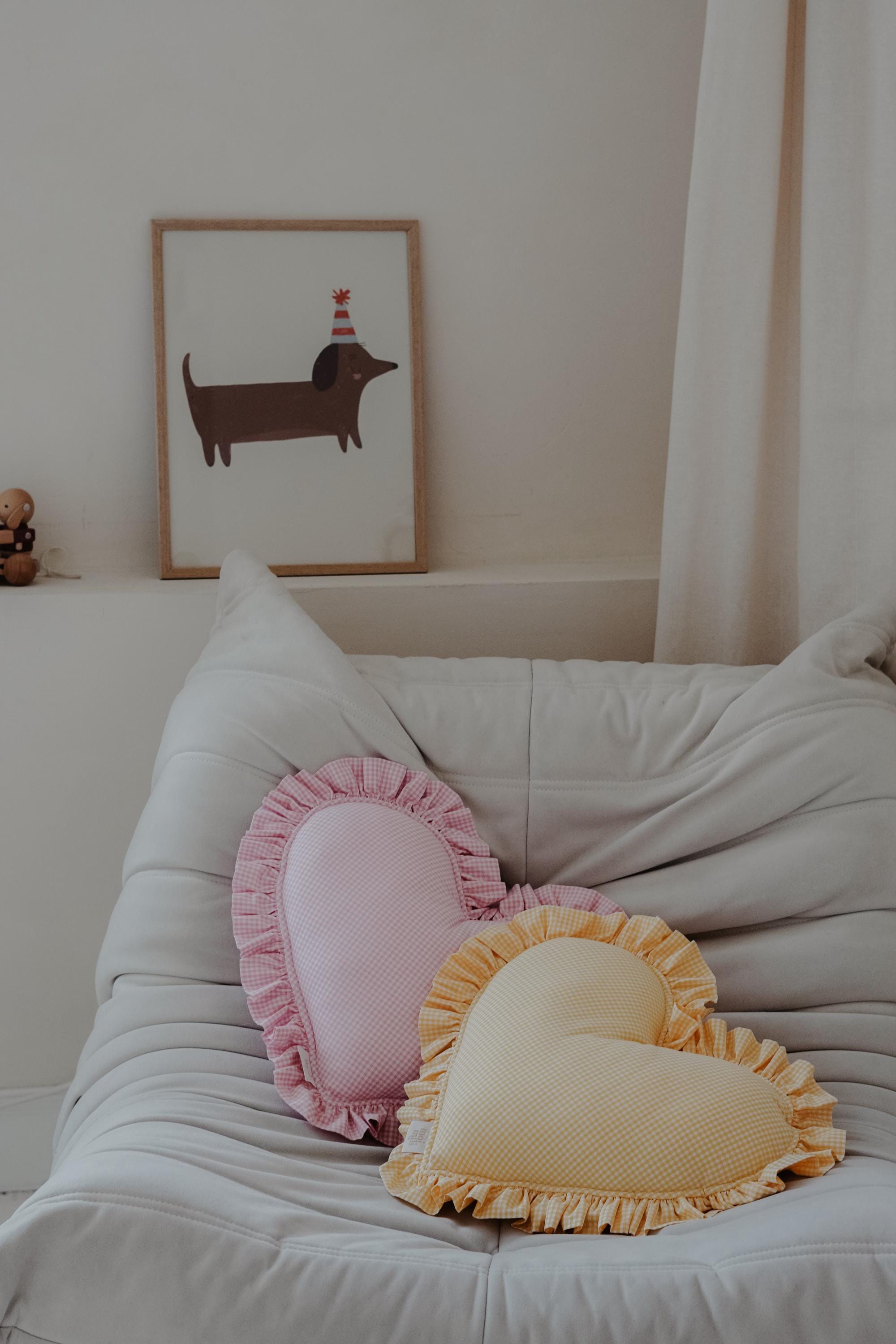 "pink" Heart Pillow With Checkered Frill