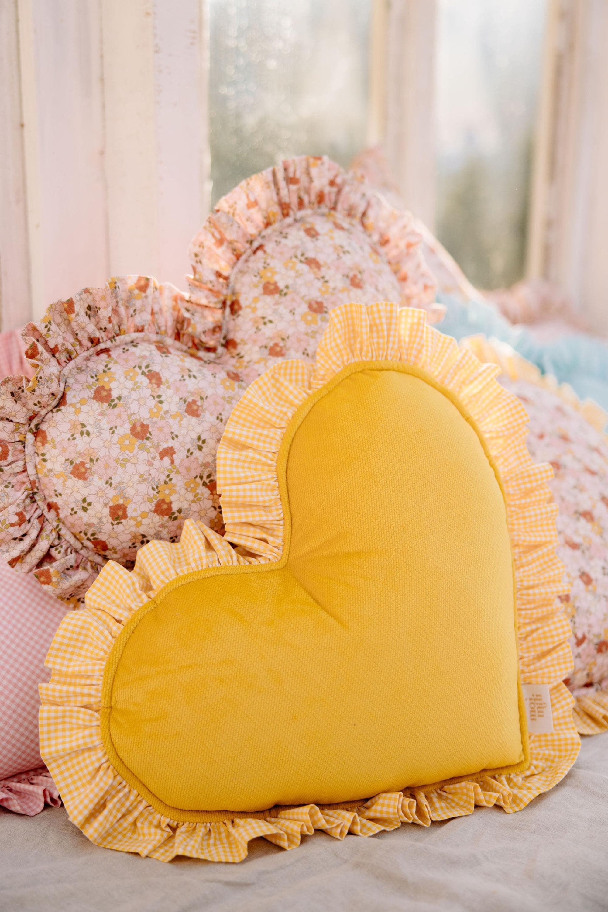 "butter Yellow" Heart Pillow With Checkered Frill
