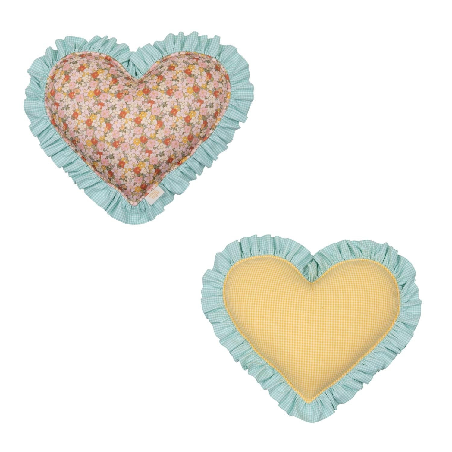 "summer Garden" Heart Pillow With Checkered Frill