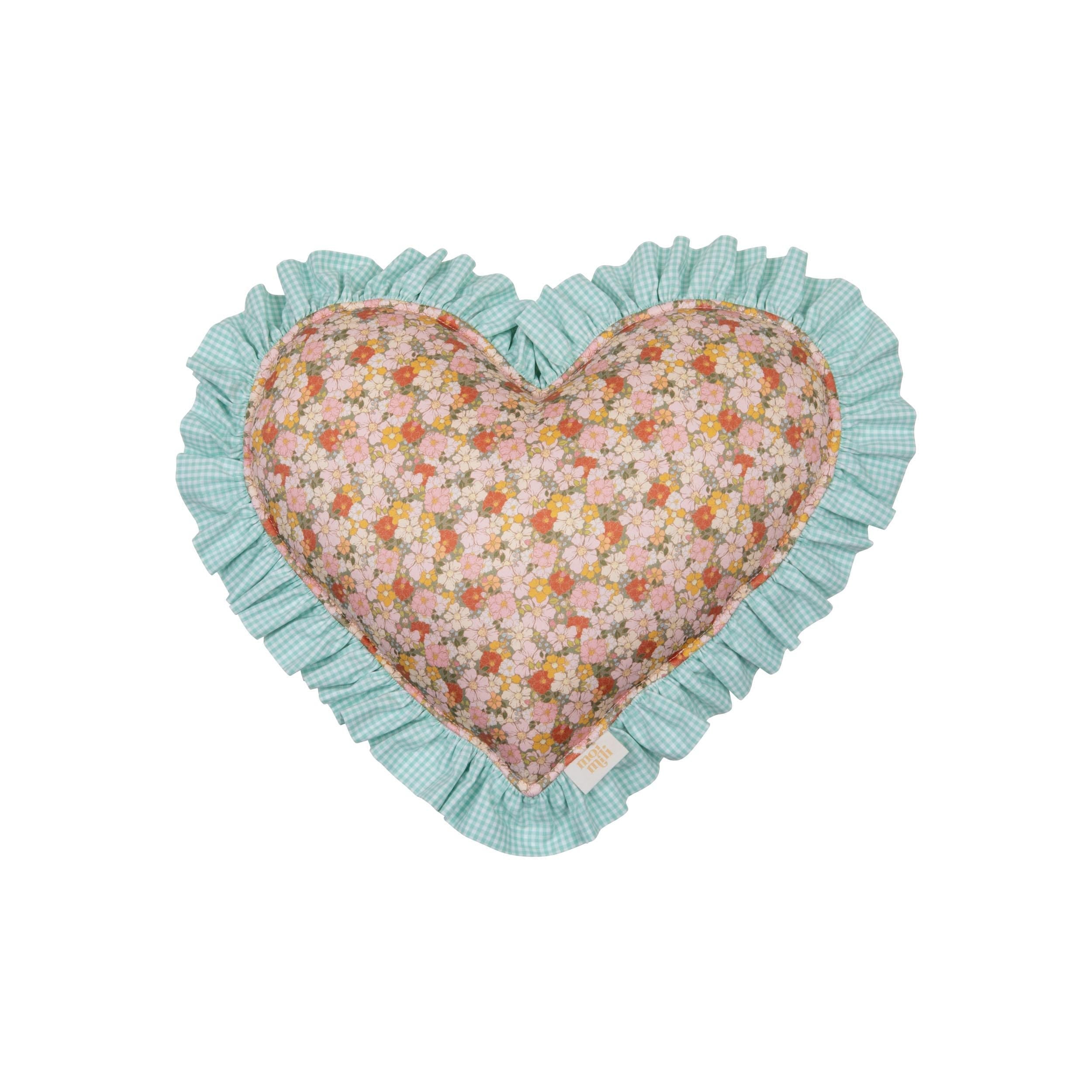 "summer Garden" Heart Pillow With Checkered Frill