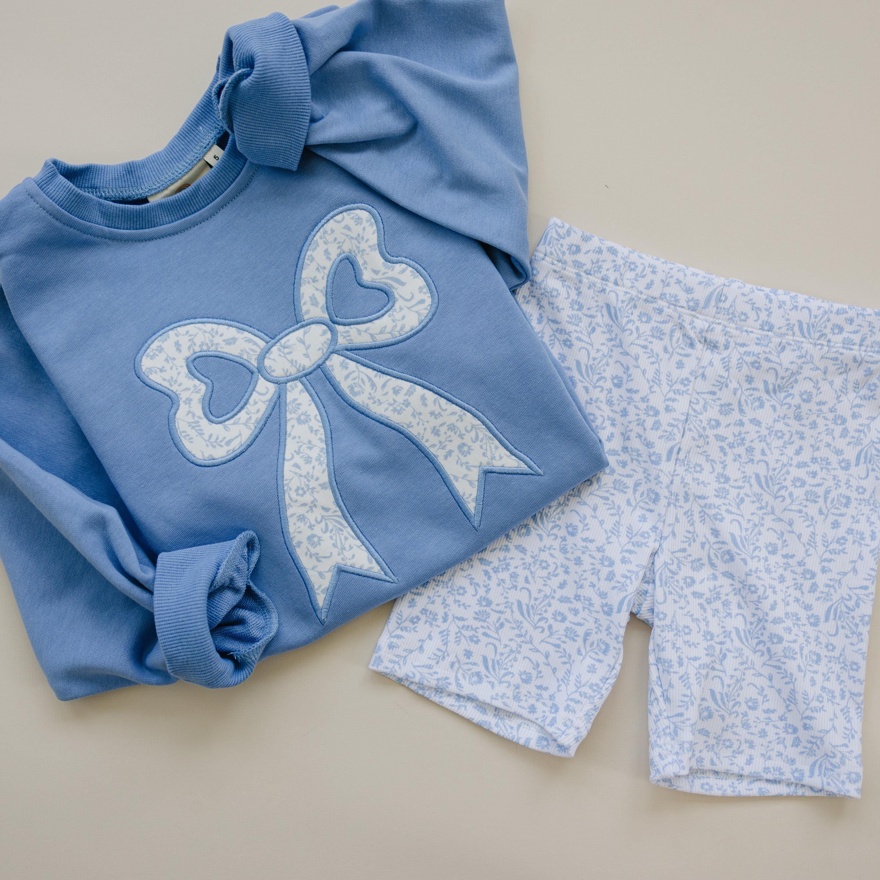 Blue Toile Applique Bow Sweatshirt Romper Or Crewneck