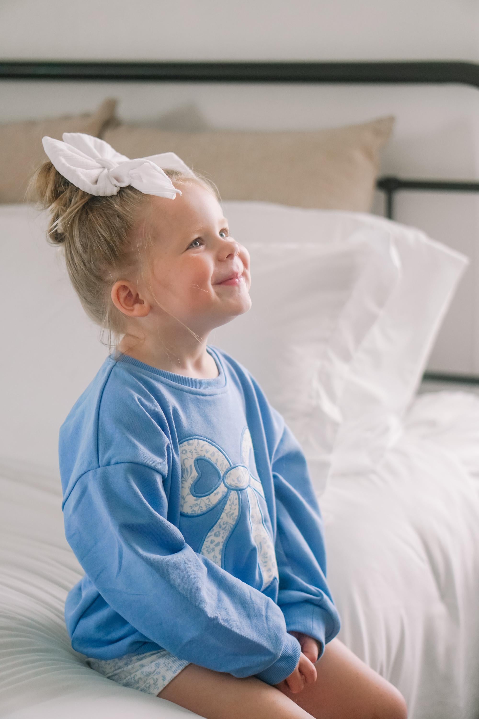 Blue Toile Applique Bow Sweatshirt Romper Or Crewneck