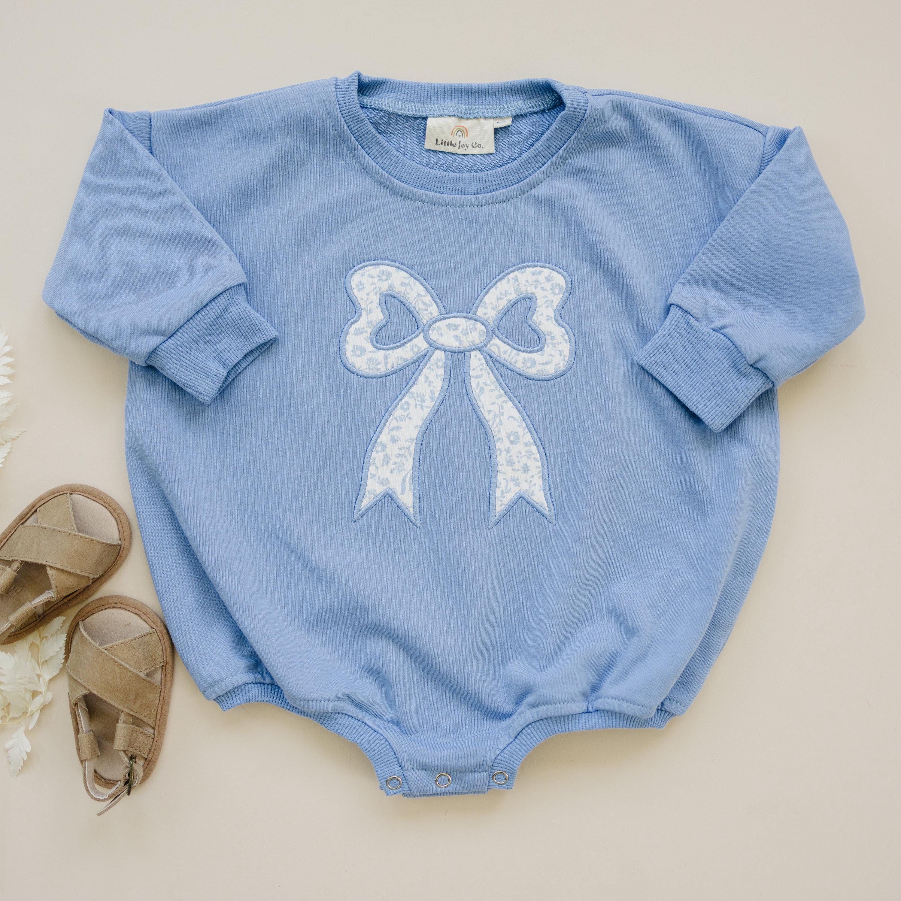 Blue Toile Applique Bow Sweatshirt Romper Or Crewneck