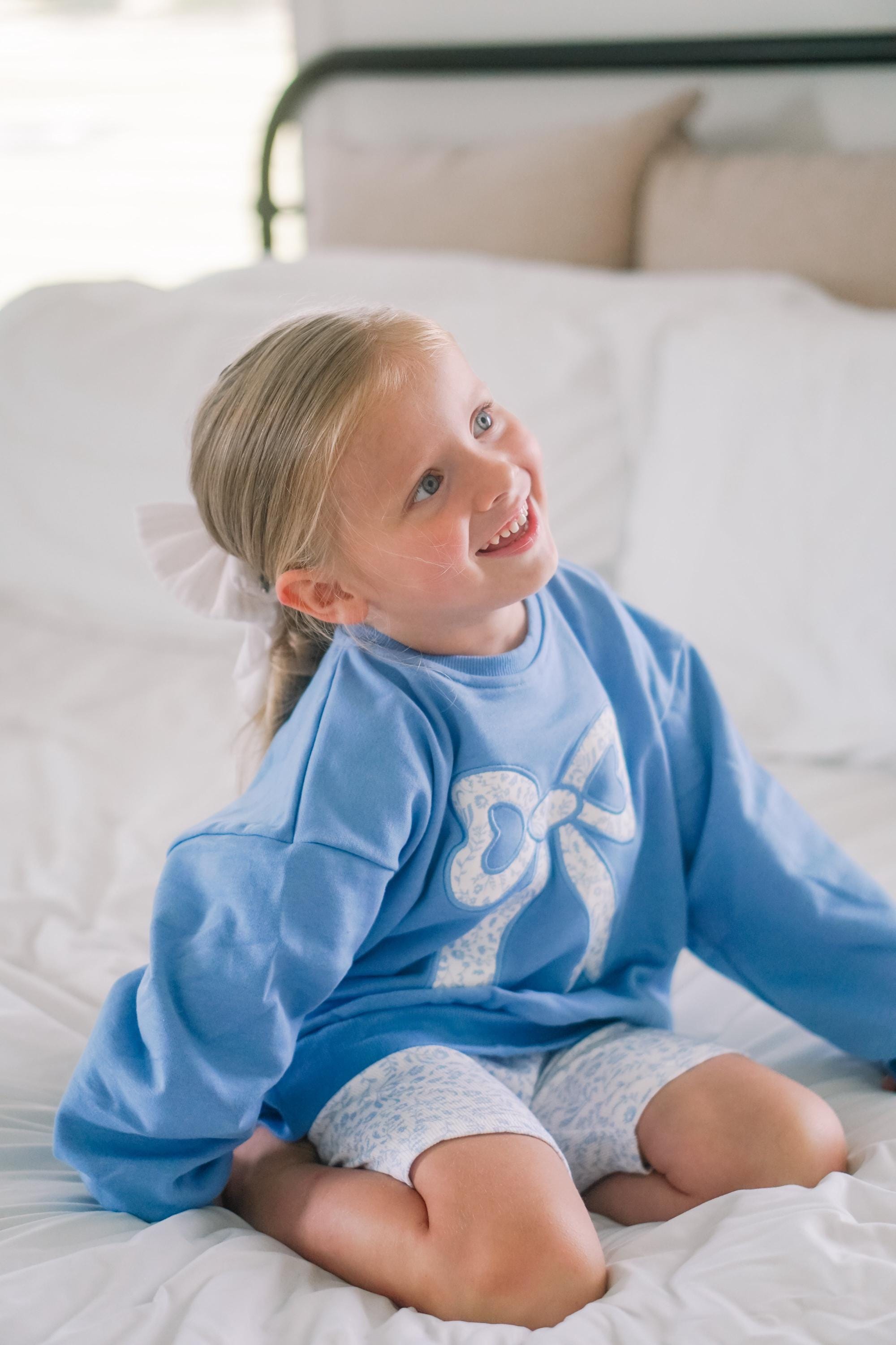 Blue Toile Applique Bow Sweatshirt Romper Or Crewneck