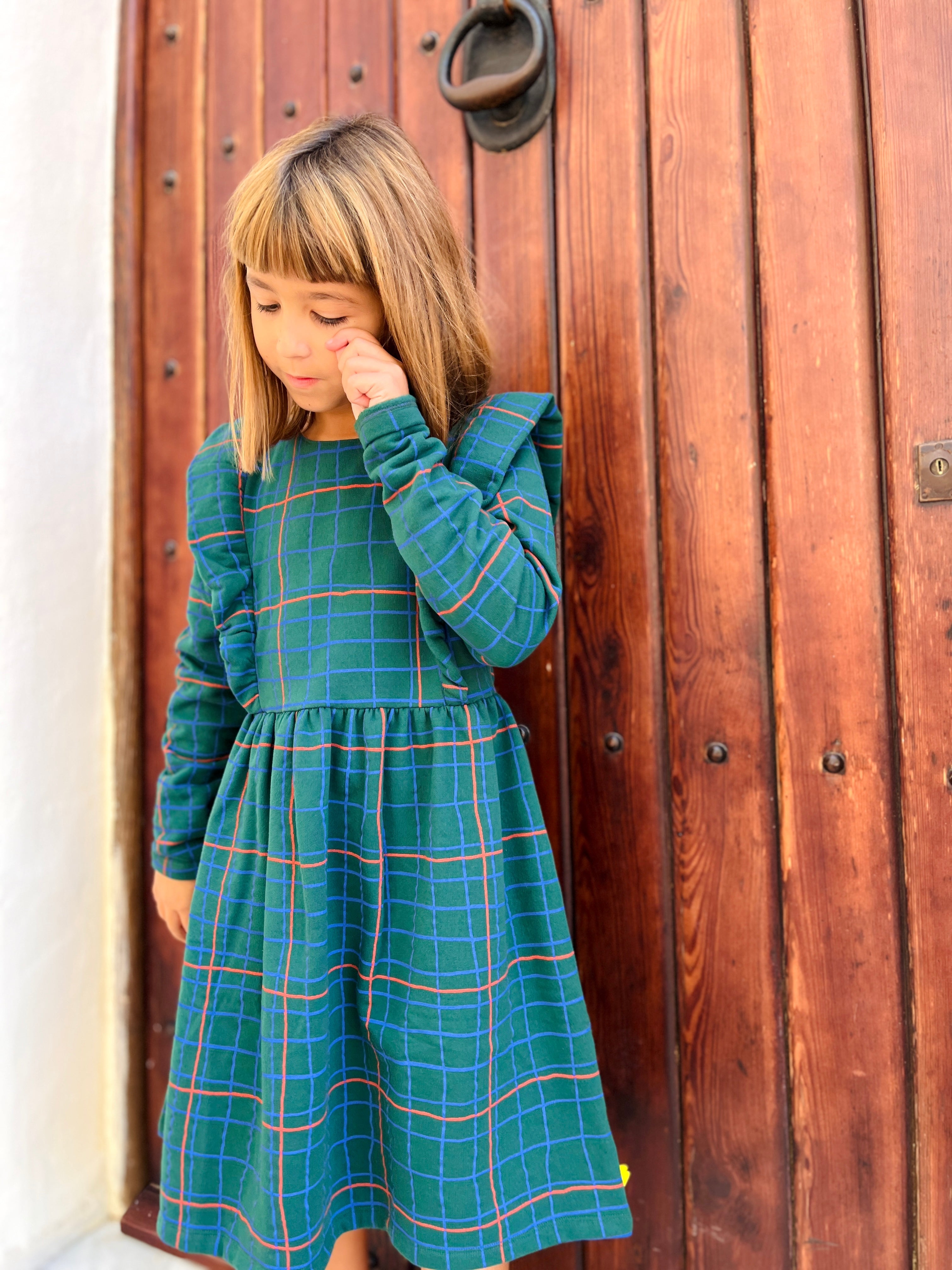 Recycled Cotton Grid Kid Ruffle Dress