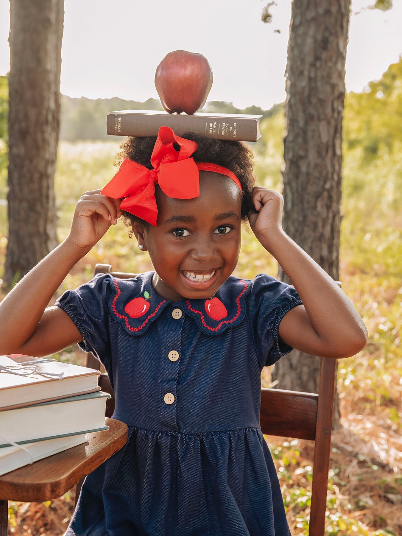 Back To School Apple Applique Girls Dress Petals Collar