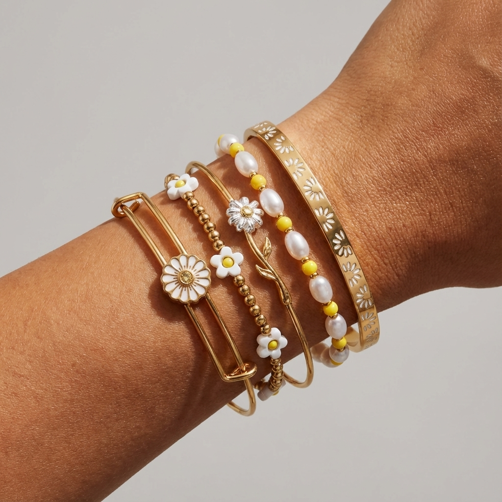 Daisy Flower Beaded Bangle Set Of 5