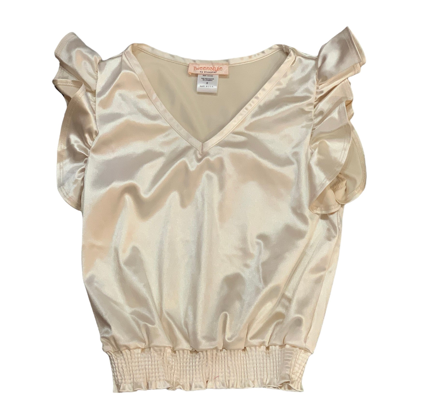 Tweenstyle By Stoopher - Smocked Hem Satin Top With Flutter Sleeve - Cream