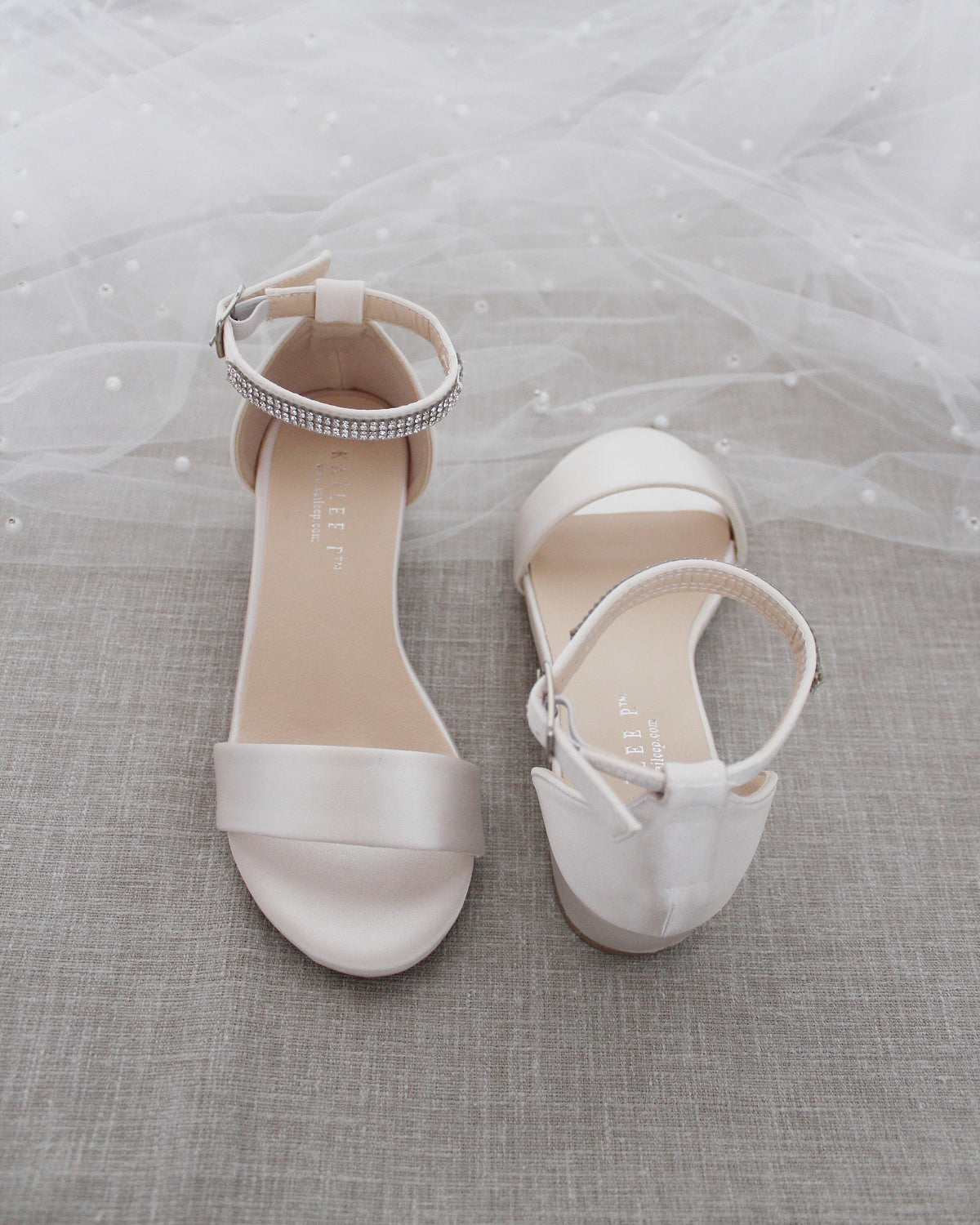 Satin Girls Block Heel Sandals With Mini Rhinestones Embellished Ankle Strap