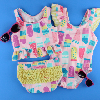 Rufflebutts Baby Ice Cream One Piece With Roshambo Pink Glitter Sunglasses