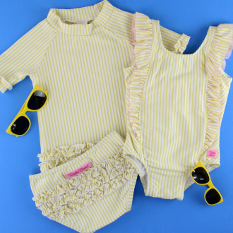 Rufflebutts Baby Seersucker Rash Guard Bikini With Roshambo Yellow Sunglasses