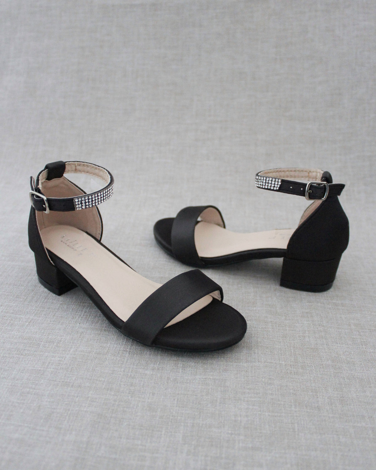 Satin Girls Block Heel Sandals With Mini Rhinestones Embellished Ankle Strap