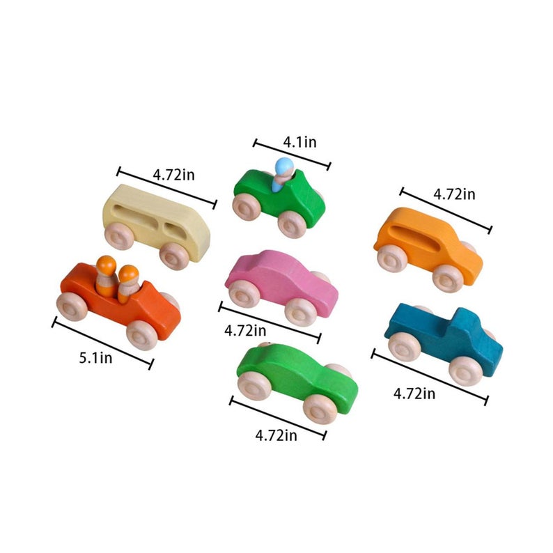 7 Pcs Natural Wooden Cars Set With 3 Pcs Peg Dolls