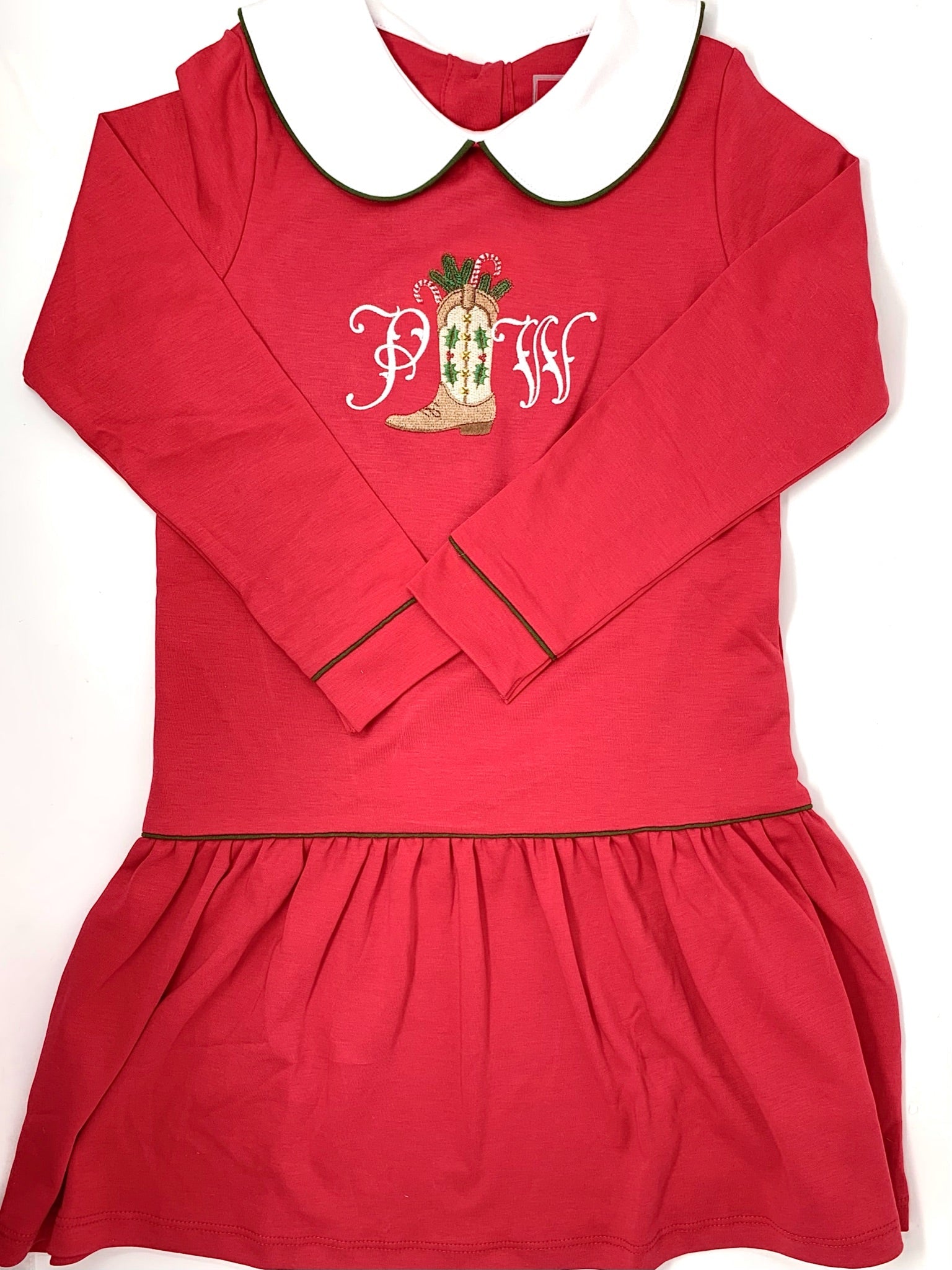 Lillian Girls' Dress - Red With Green Piping