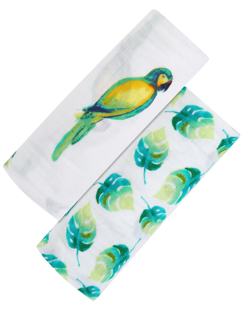 ORGANIC SWADDLE SET - TROPICAL PARADISE (Parrot + Leaf)