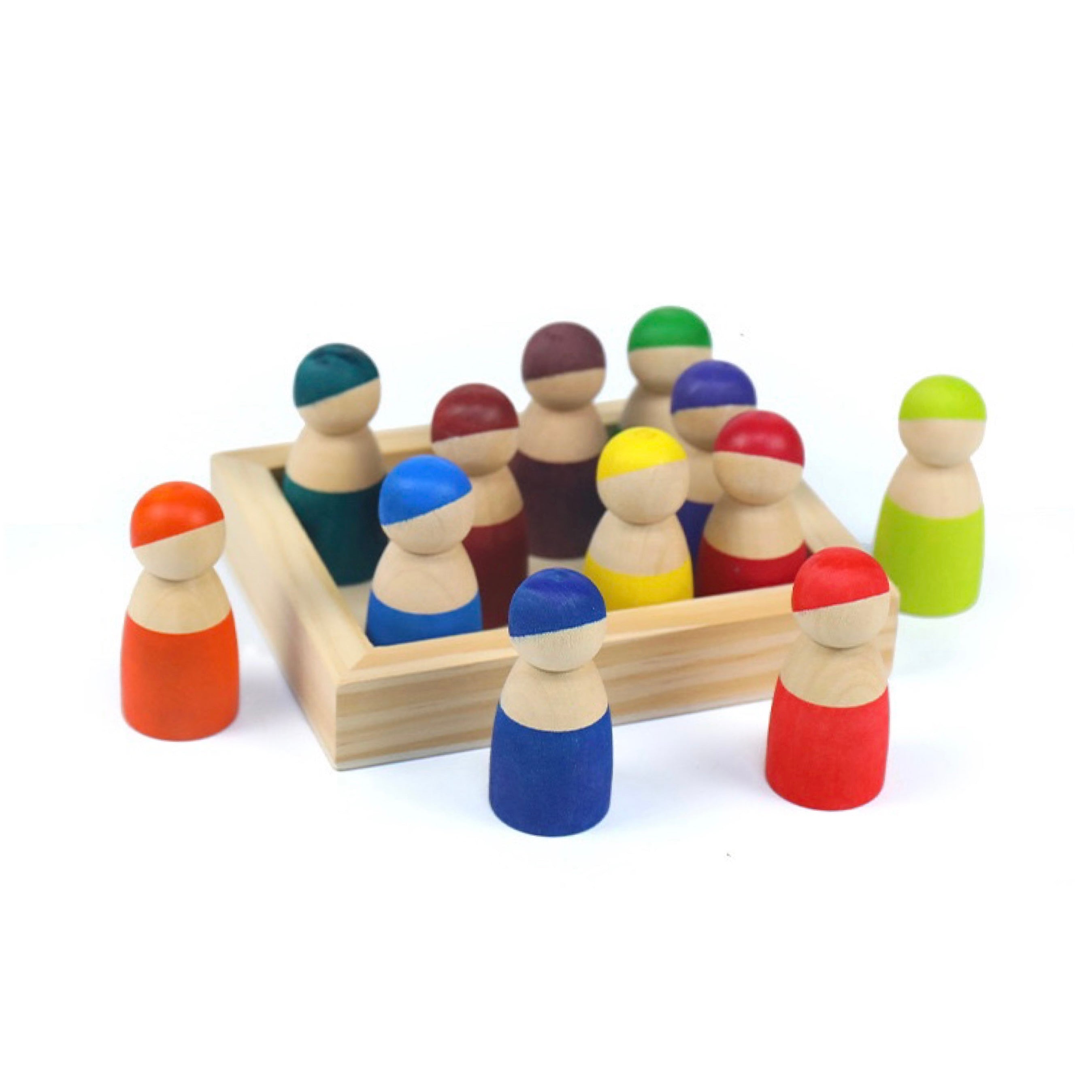12 Pcs Little Peg Doll People In Tray In Primary Colors