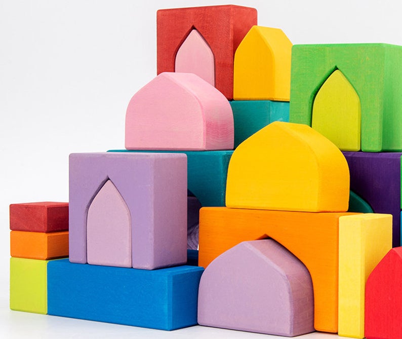 54 Pcs Stained Arabian 1001 Nights Inspired Wooden Building Blocks Set With Tray