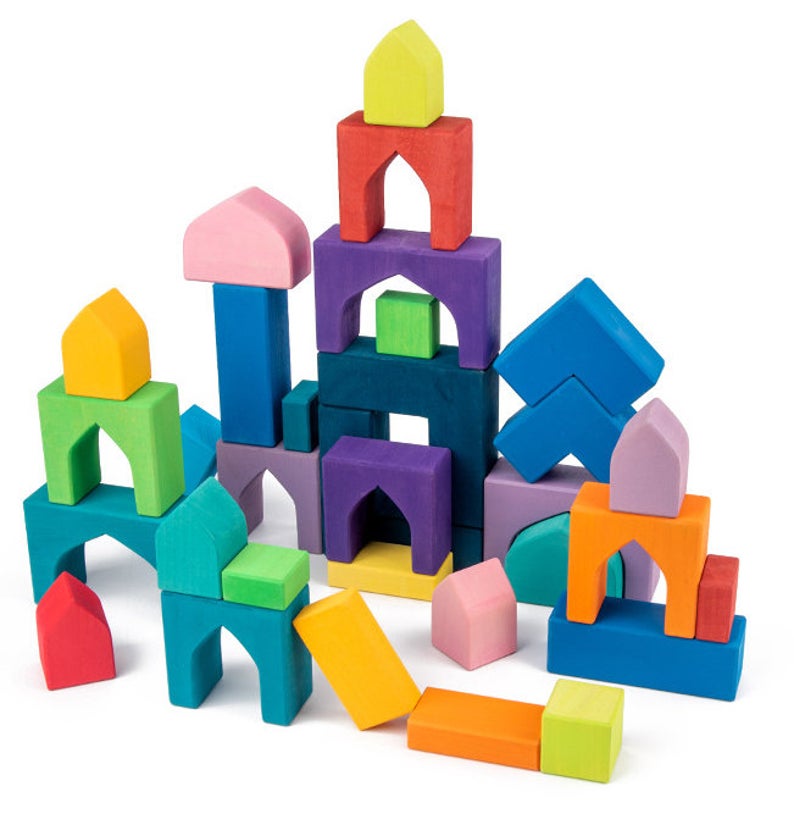54 Pcs Stained Arabian 1001 Nights Inspired Wooden Building Blocks Set With Tray