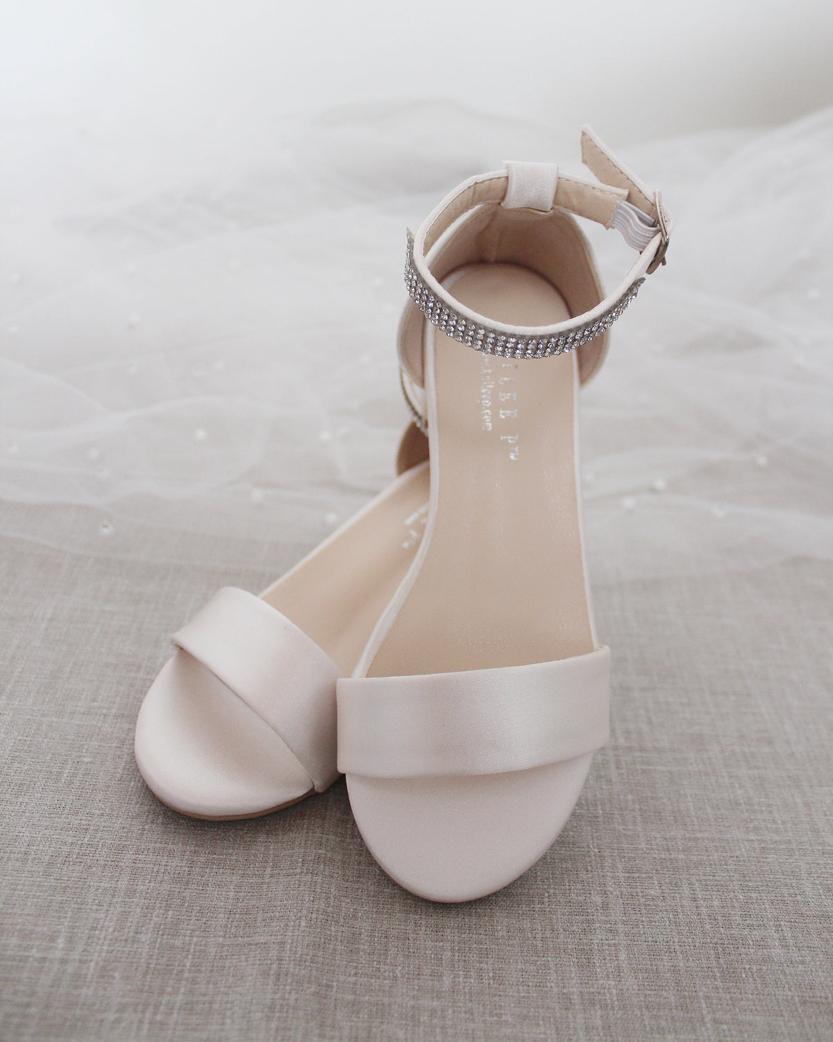 Satin Girls Block Heel Sandals With Mini Rhinestones Embellished Ankle Strap