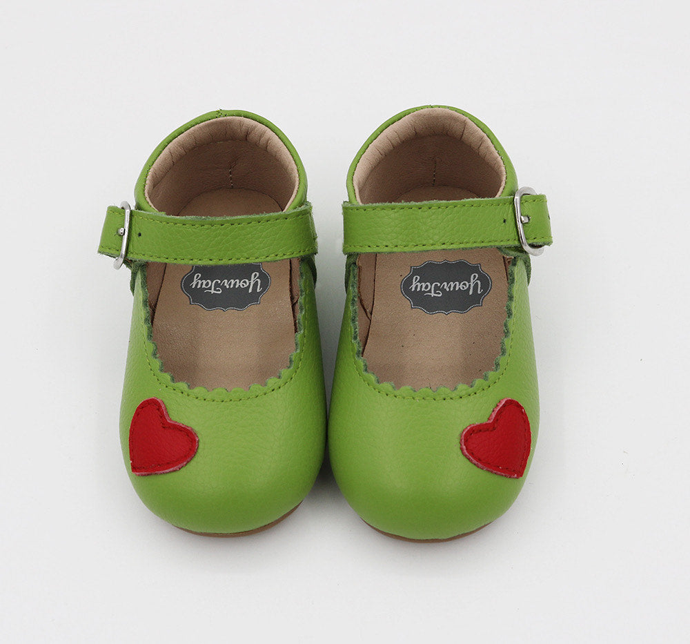 Green One Mary Janes With Red Heart