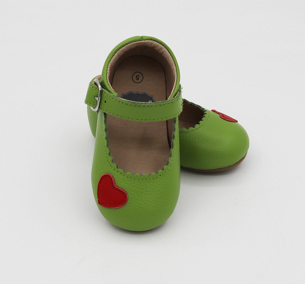 Green One Mary Janes With Red Heart
