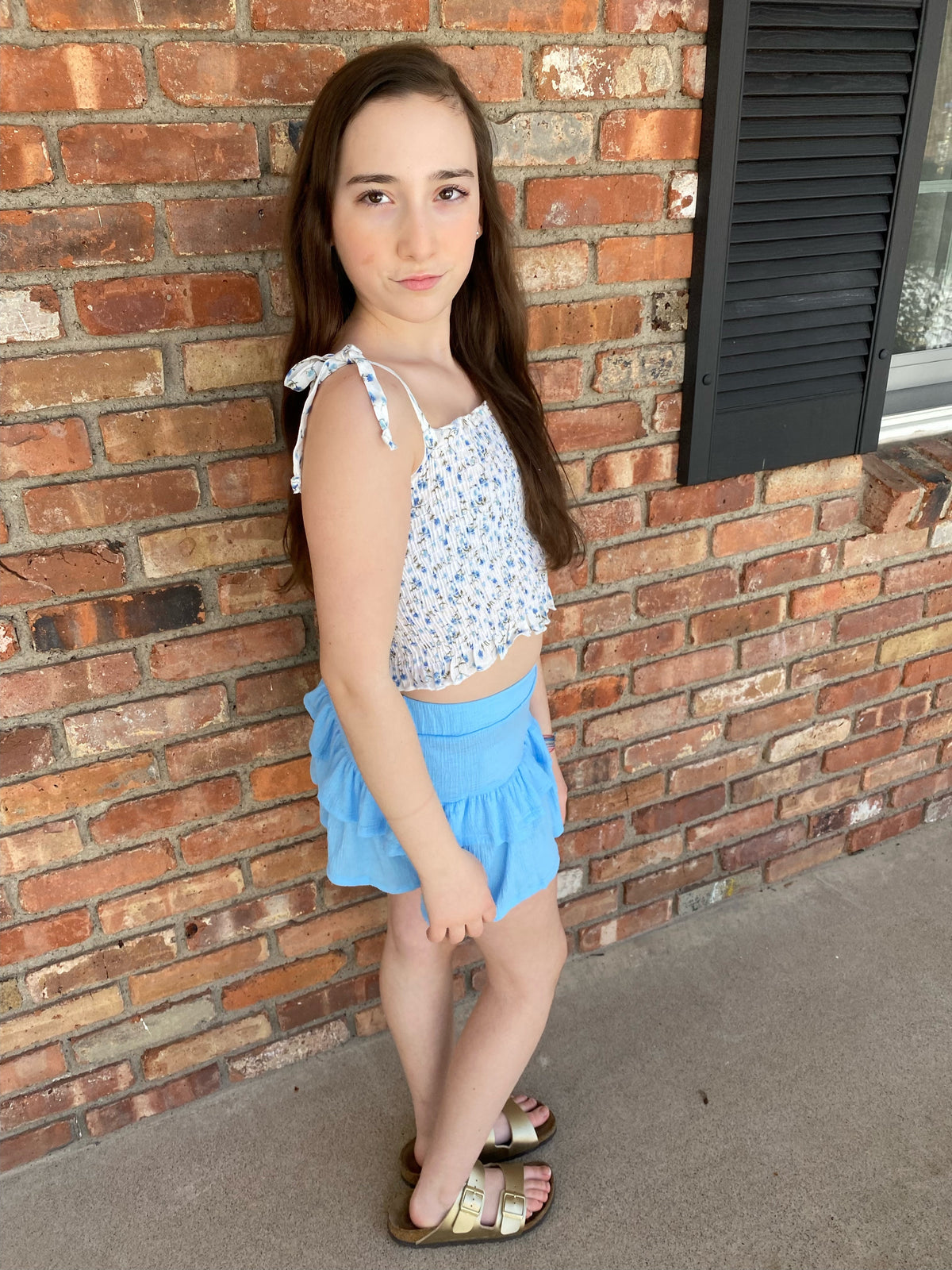 Tweenstyle - Ivory/blue Floral Smocked Top