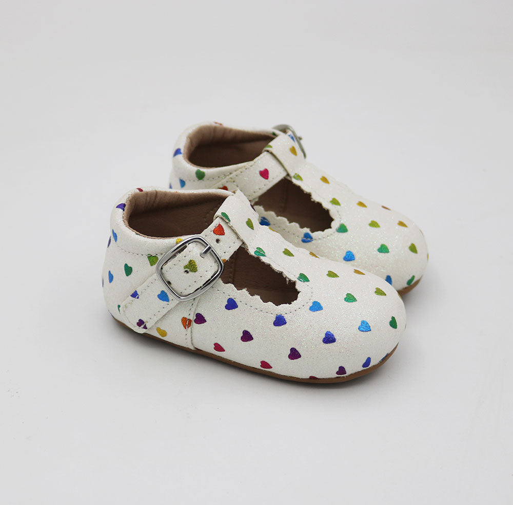 T-straps - White - Multicolor Hearts