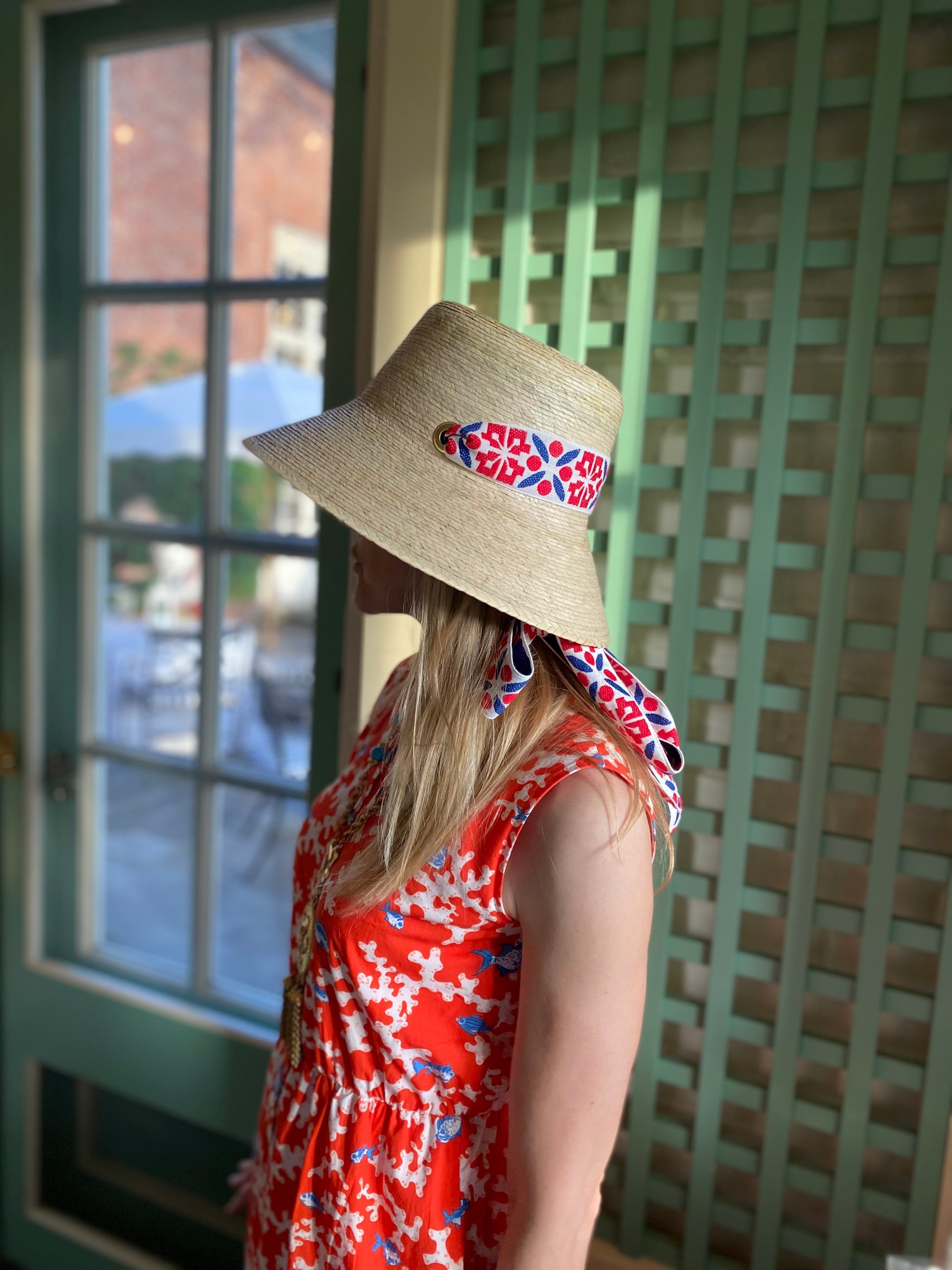 Clematis Bucket Hat - Coral Wide & Short Grosgrain Ribbon