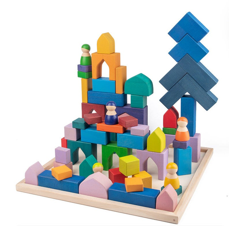 54 Pcs Stained Arabian 1001 Nights Inspired Wooden Building Blocks Set With Tray