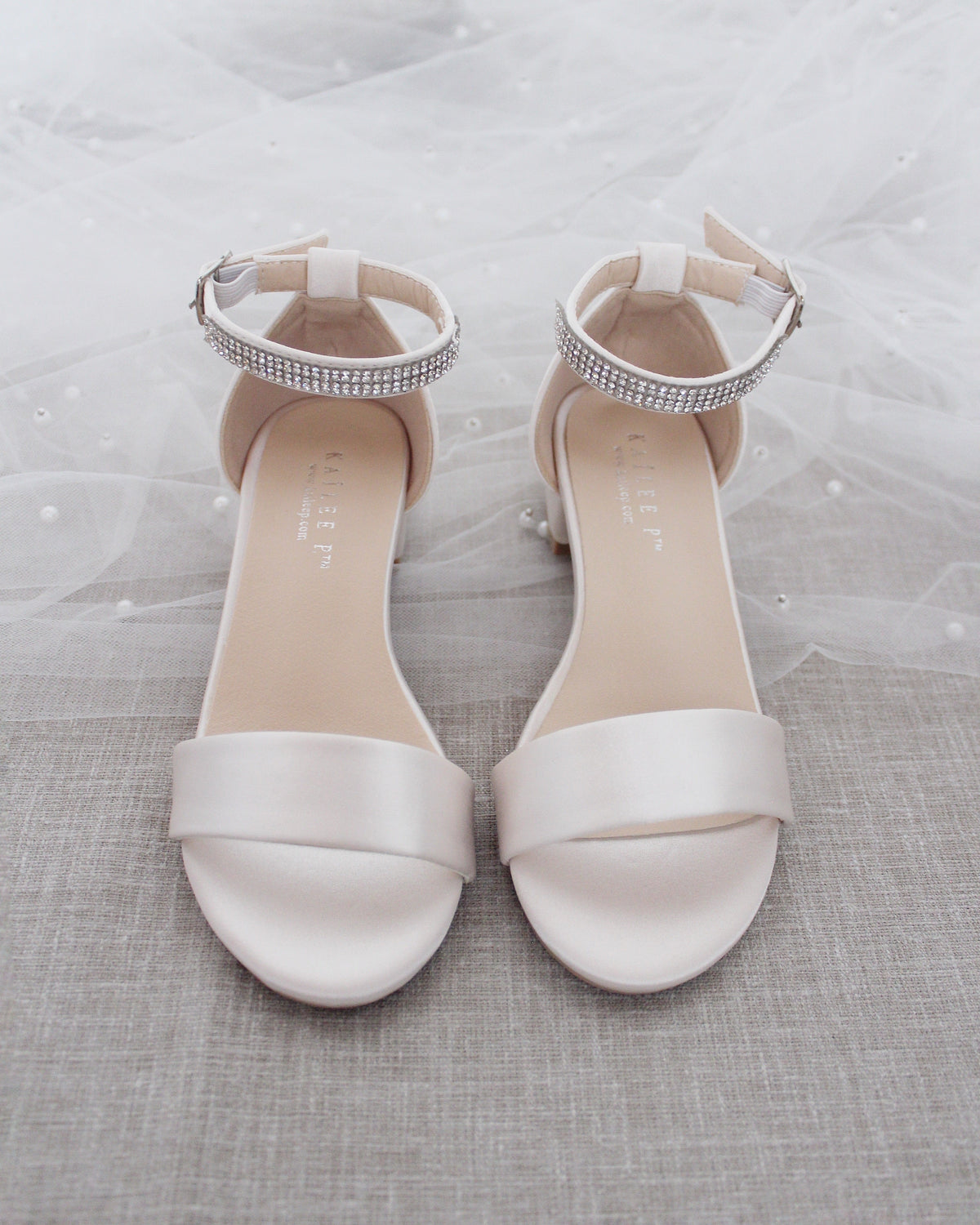 Satin Girls Block Heel Sandals With Mini Rhinestones Embellished Ankle Strap